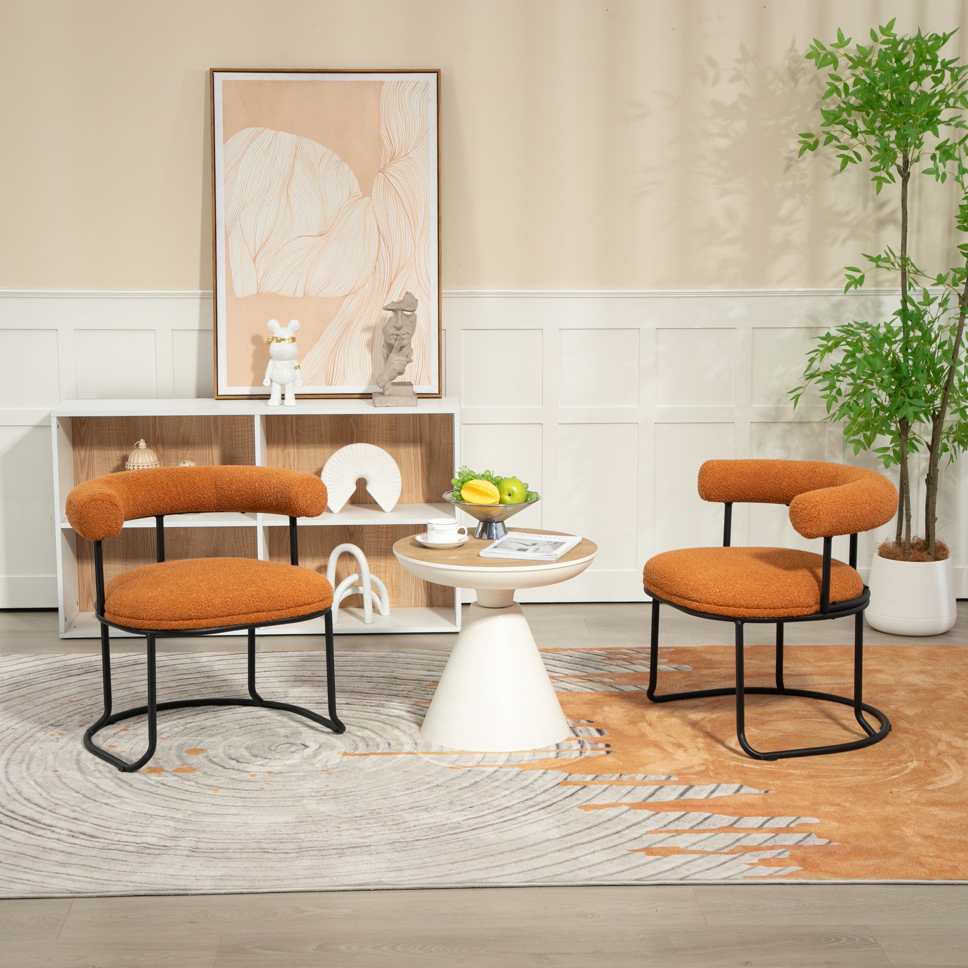 Coolmore Boucle Dining Chairs Set Of 2, Mid Century Modern Curved Backrest Chair, Round Upholstered Kitchen Chairs Orange Boucle Orange Foam Mdf Metal