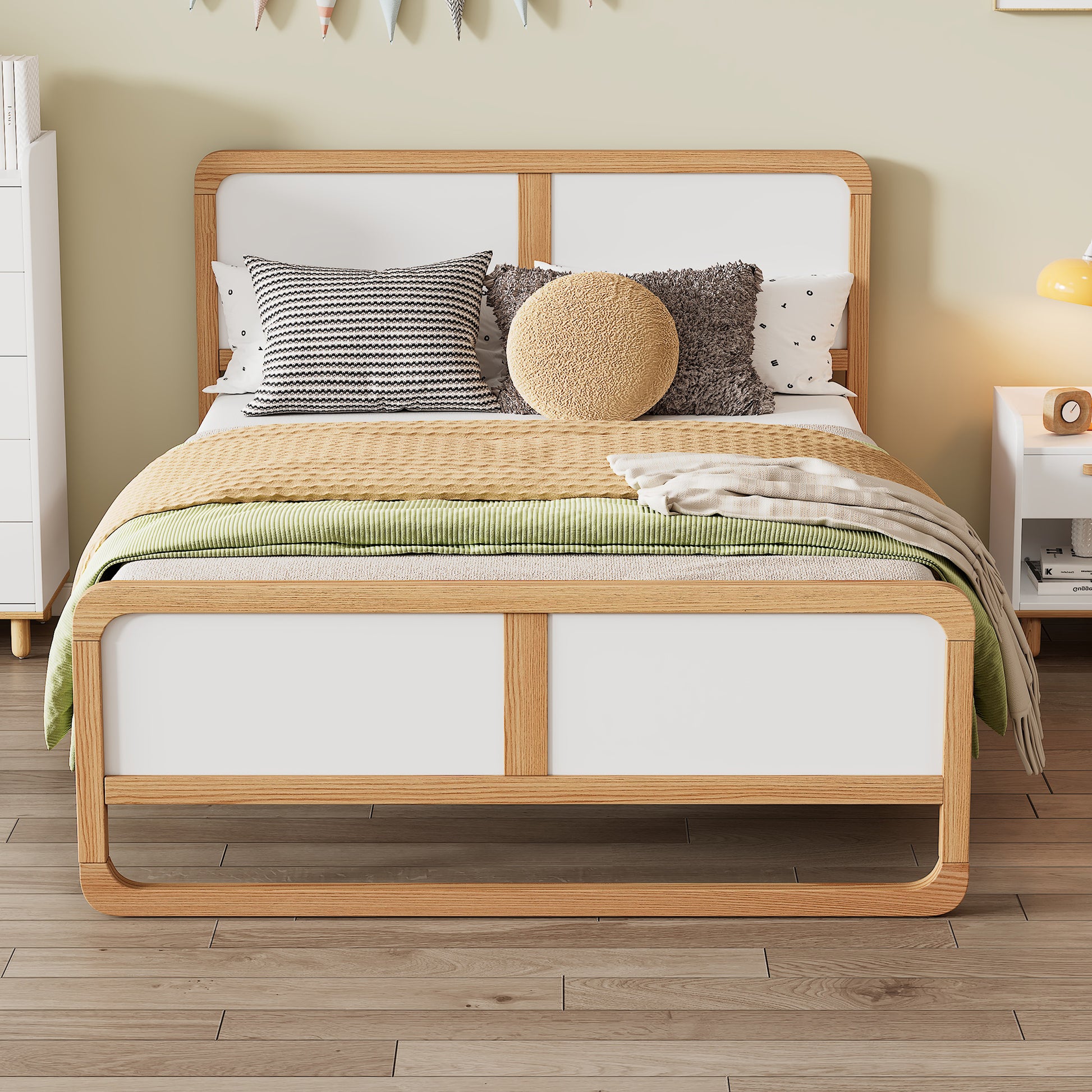 Modern Style Full Size Solid Wood Platform Bed For Kids, Teens, Adults, No Need Box Spring, Walnut And White Box Spring Not Required Full White Walnut Wood Bedroom Modern Pine Bed Frame Wood