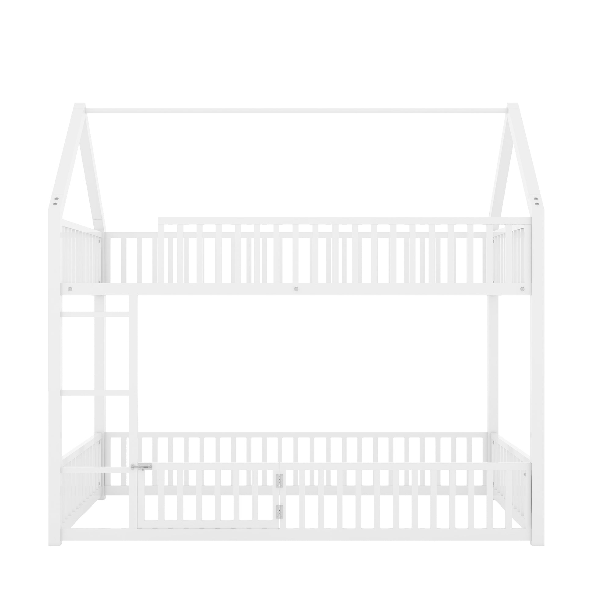 Metal Twin Over Twin House Bunk Bed With Fence And Door, White Box Spring Not Required Twin White Metal Bedroom Metal