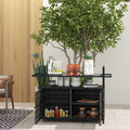 Outsunny Pe Rattan Outdoor Bar Table, Outdoor Kitchen Island With 2 Tier Shelf & Cabinet, Patio Serving Cart With Glass Top, Handles, Towel Racks For Poolside, Garden, Mixed Gray Gray Steel