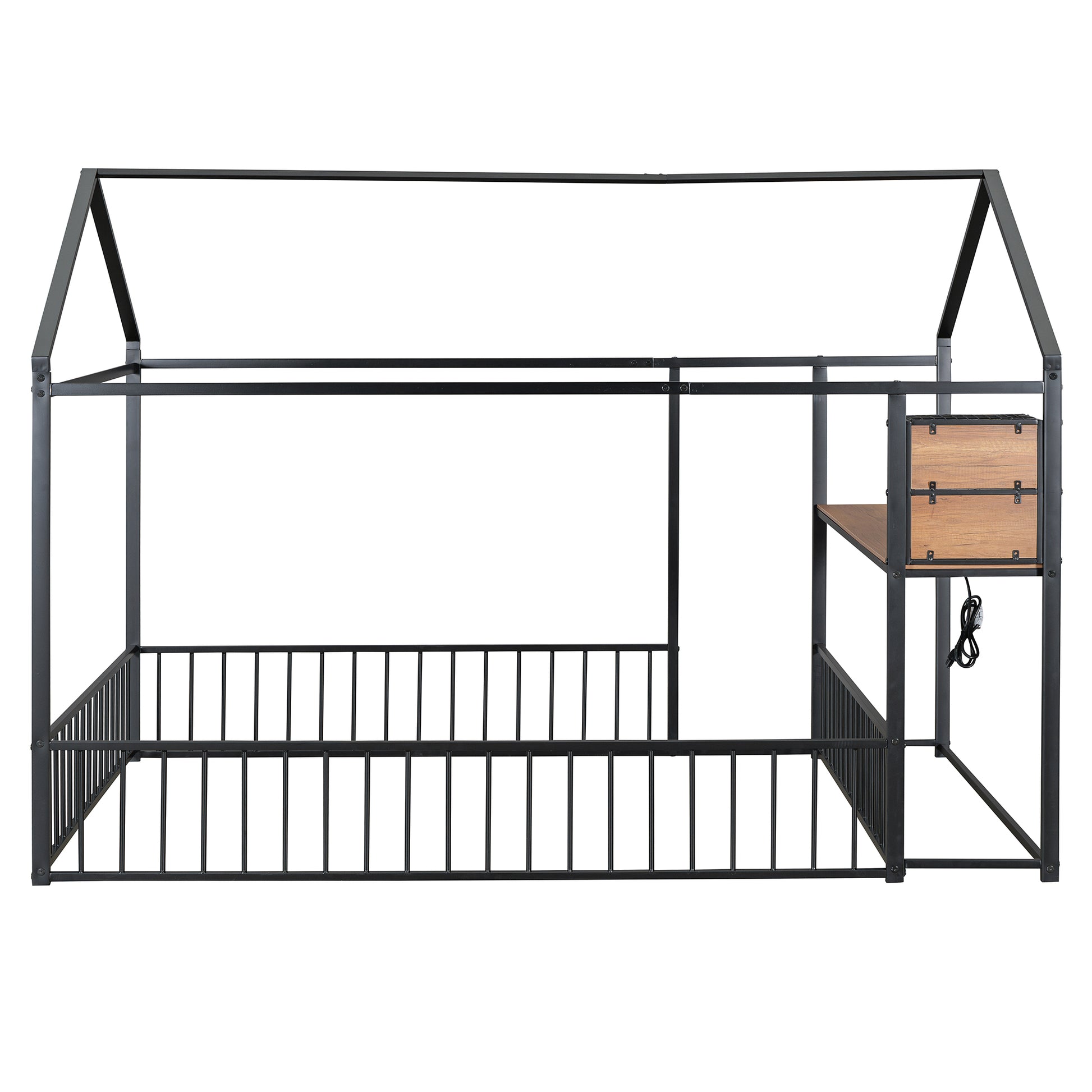 Full Size Metal Bed House Bed Frame With Desk, Shelves, Power Outlets And Usb Ports, Black Full Black Metal
