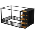 Full Size Floor Bed Frame With Wardrobe, Metal Floor Bed With Storage Shelves, Black Full Black Metal