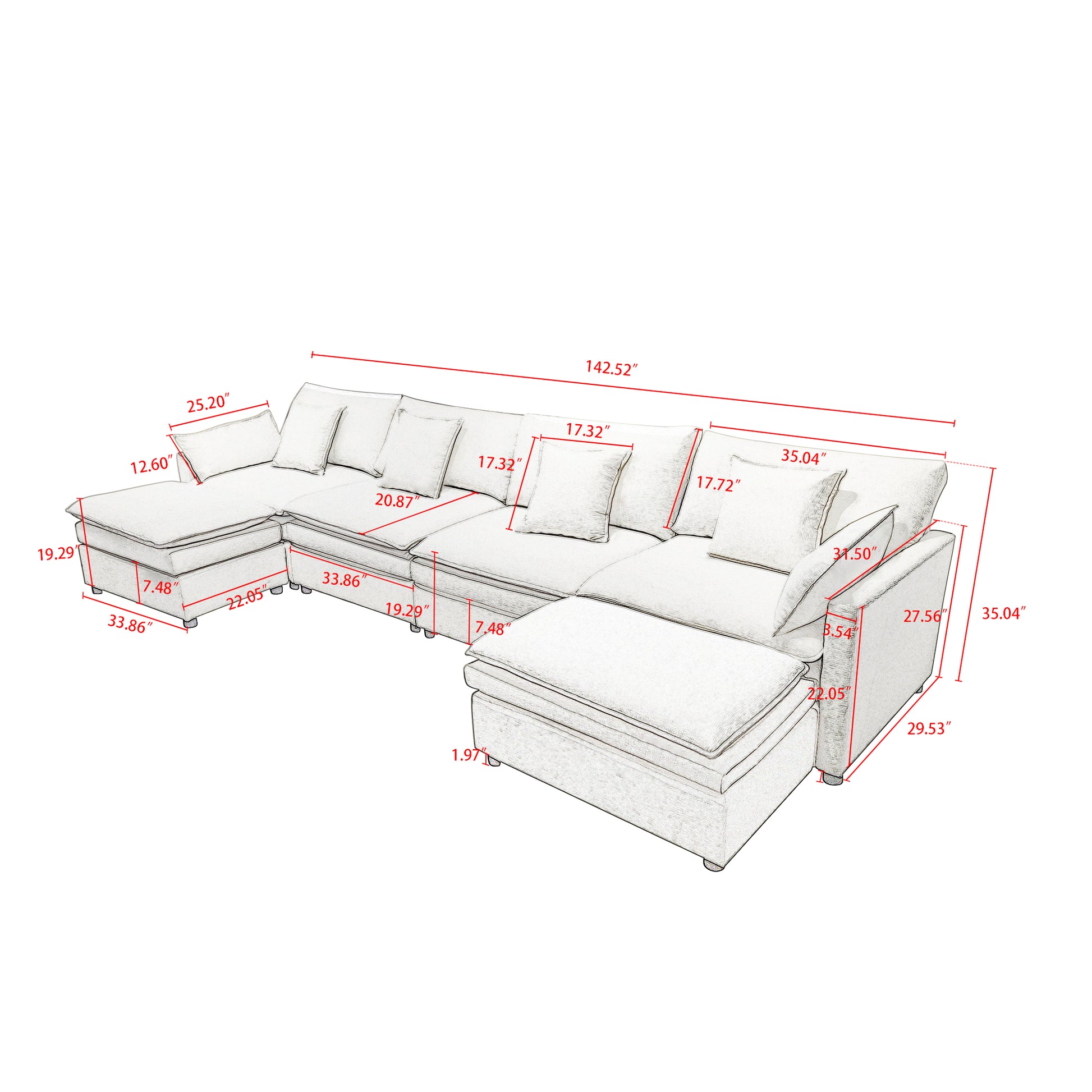142.52"Modern Chenille U Shaped Sectional Sofa With Convertible Chaise, Comfy Cloud Couch Deep Sectional Sofa With Ottomans For Living Room Orange Wood Foam Chenille 4 Seat