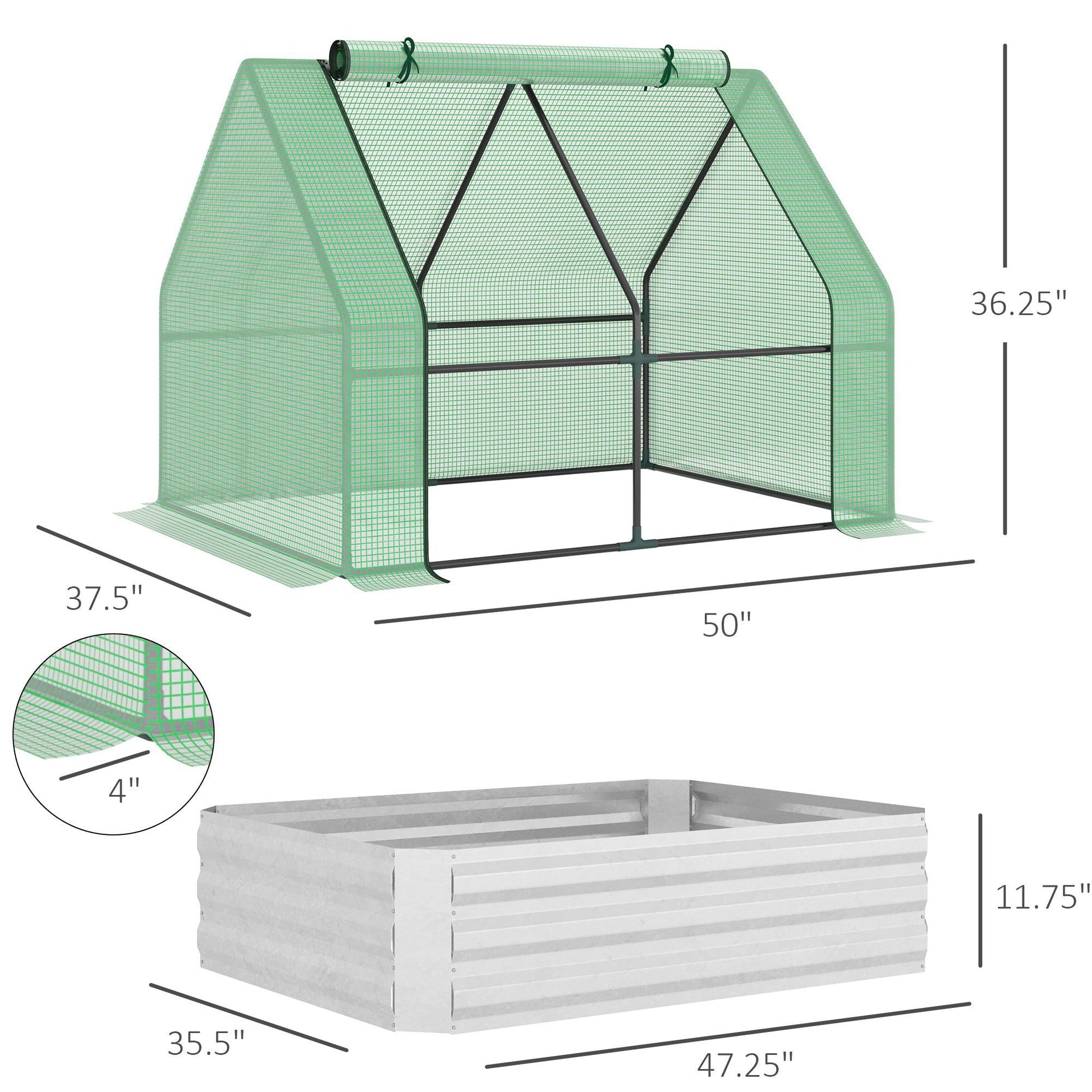 Outsunny Galvanized Raised Garden Bed With Mini Greenhouse Cover, Outdoor Metal Planter Box With 2 Roll Up Windows For Growing Flowers, Fruits, Vegetables, And Herbs, 50" X 37.5" X 36.25", Green Green Polyethylene