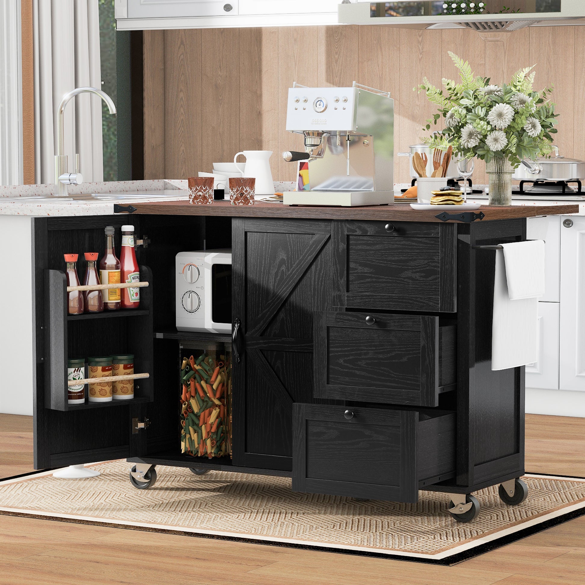 K&K 54.5" Farmhouse Kitchen Island With Power Outlet, Kitchen Storage Island With Internal Storage Rack, Drop Leaf, Spice Rack, Rolling Kitchen Cart On Wheels, For Home, Kitchen And Dining Room,Black Black Brown Kitchen Classic,Farmhouse,Luxury,Modern