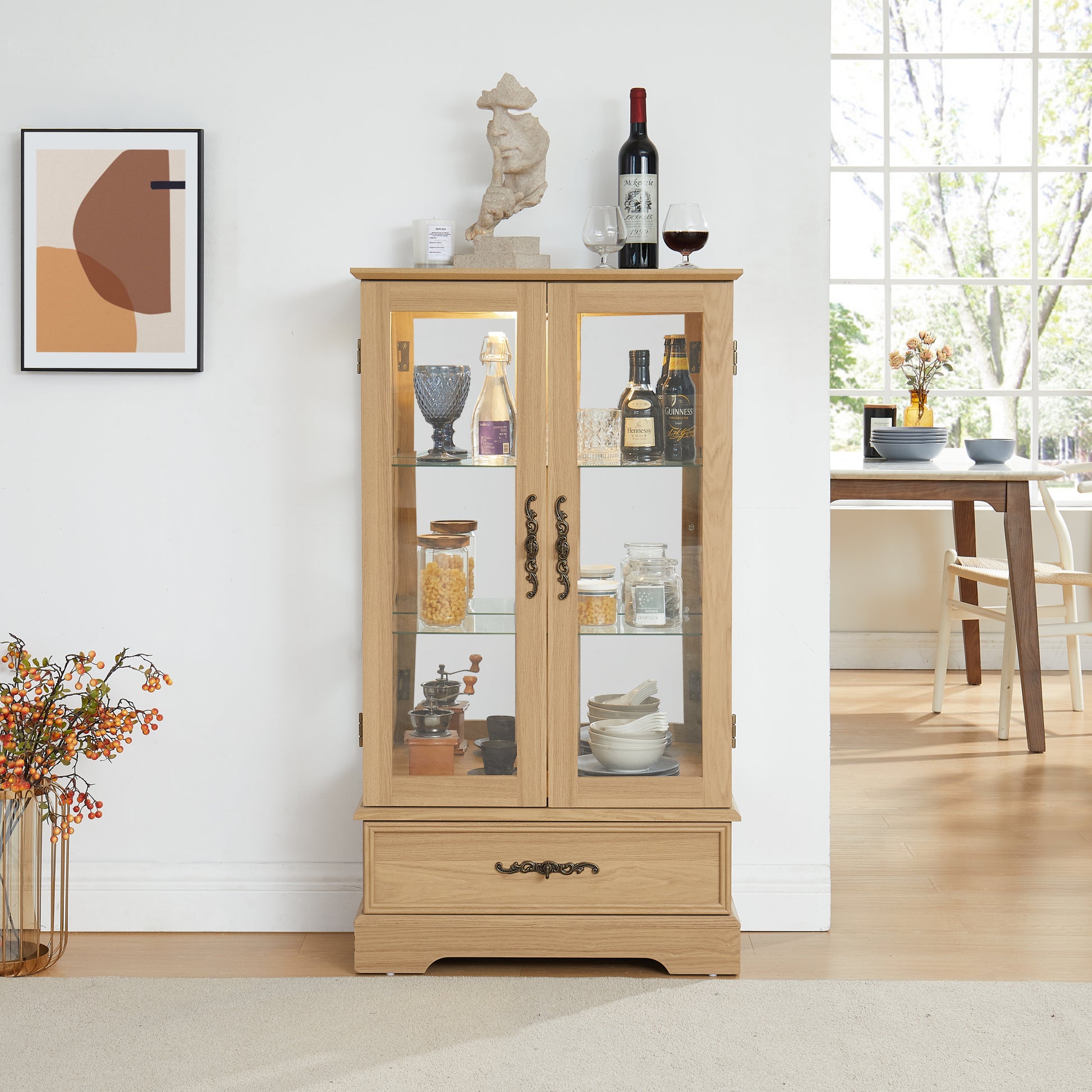 Glass Cabinet Lighted Glass Cabinet Curio Display Cabinet With Adjustable Glass Shelves 2 Doors And 1 Drawer Cabinet Bulb Included Oak Oak Mdf Glass