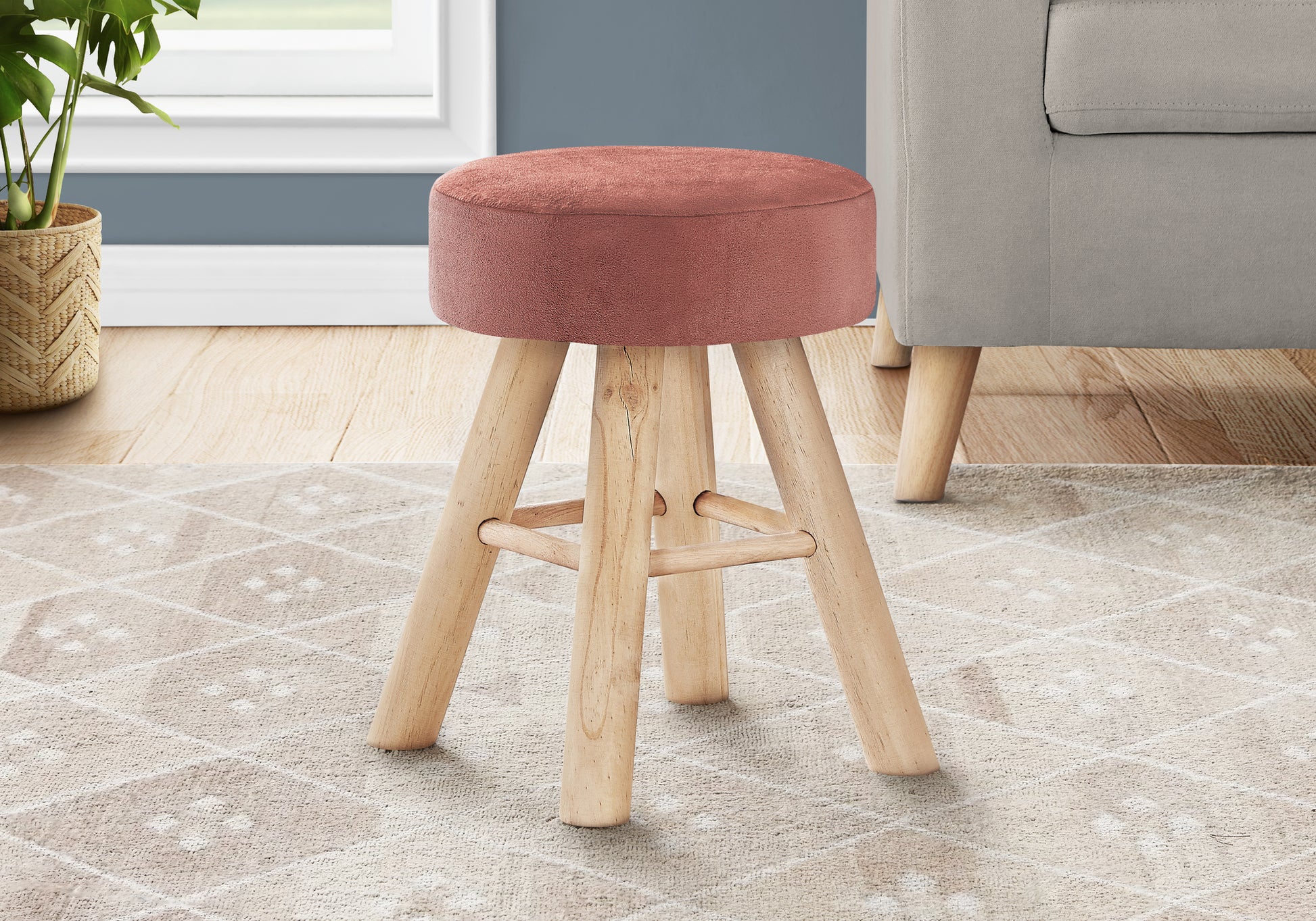 Ottoman, Pouf, Footrest, Foot Stool, 12" Round, Pink Velvet, Natural Wood Legs, Contemporary, Modern Pink Foam Velvet