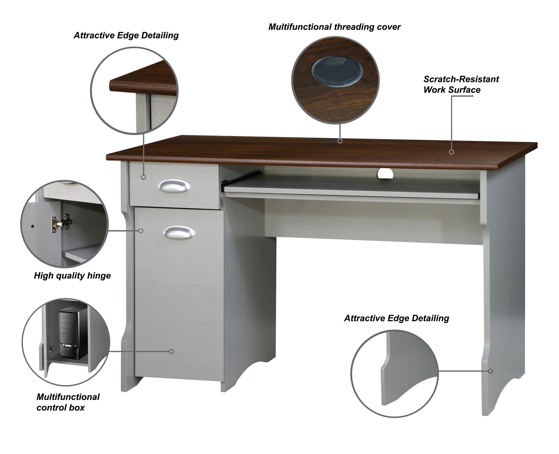 47" Writing Desk "Elegant Two Tone Writing Desk With Storage Contemporary Gray And Rosewood Finish, Sturdy Office And Home Workstation" Multicolor Solid Wood