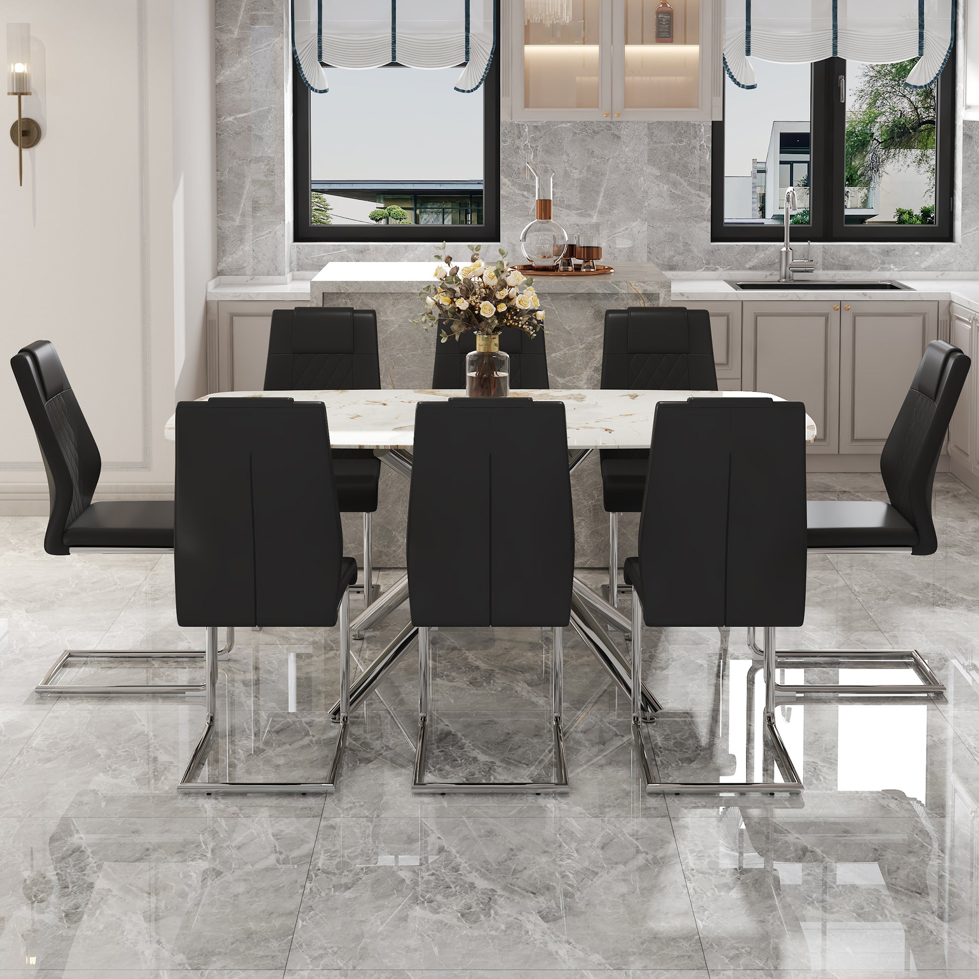 Table And Chair Set.Modern Luxurious White Marble Patterned Tempered Glass Dining Table With 8 Chairs.Single Fork Silver Metal Table Legs.Black Pu Dining Chairs With Silver Metal Legs. Black,Silver