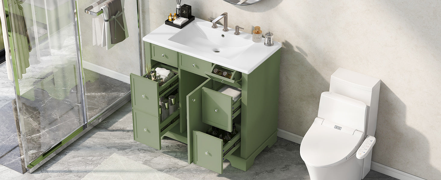 36" Bathroom Vanity With Sink, One Cabinet With Three Drawers And One Flip Drawer, Solid Wood And Mdf Board, Green Green Solid Wood Mdf