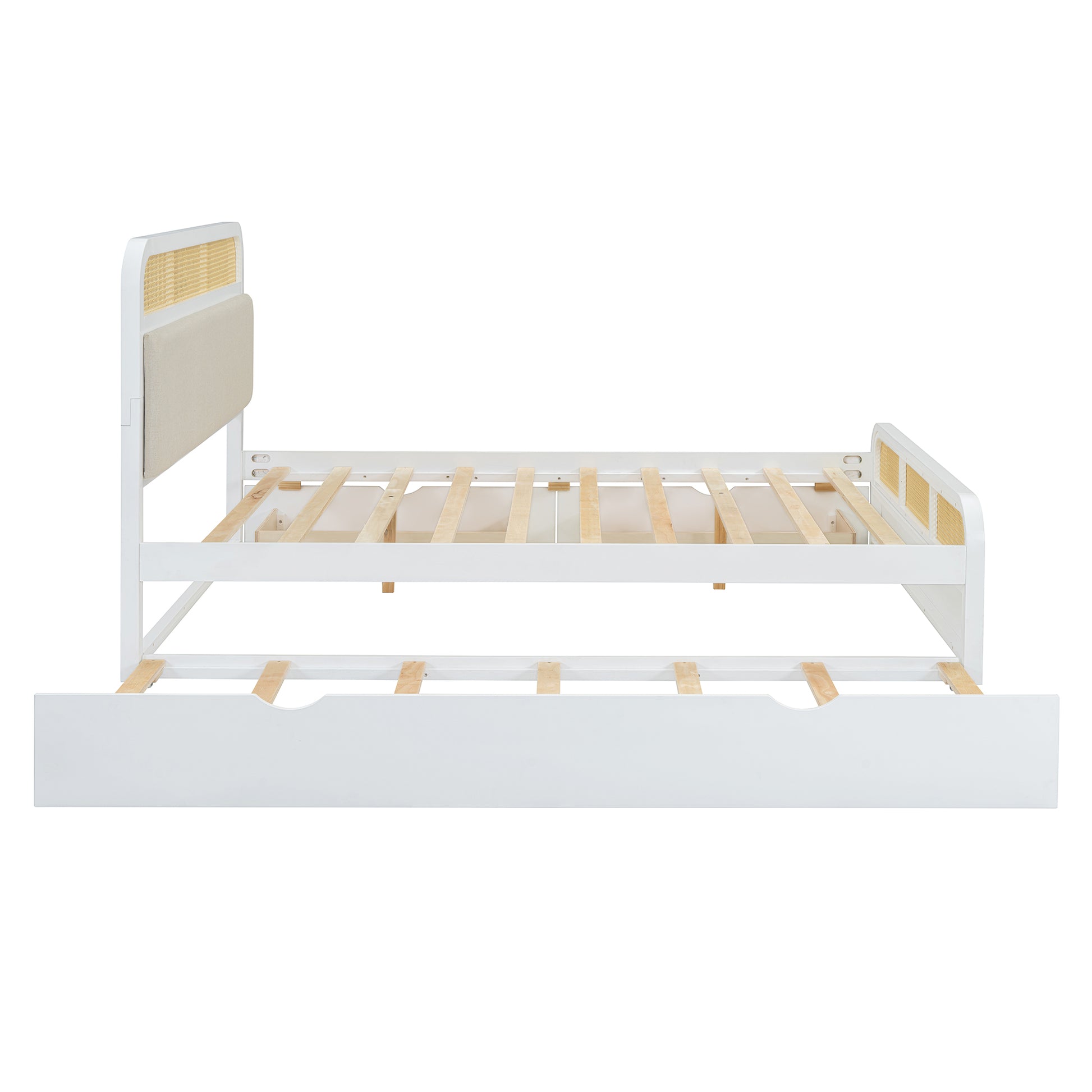 Queen Size Wooden Platform Bed With Trundle And 2 Drawers,White Queen White Solid Wood Mdf