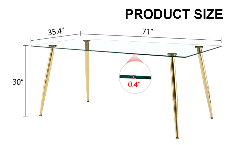 Modern Rectangular Glass Dining Table, Suitable For 4 6 People, With Tempered Glass Countertop And Gold Metal Legs, Writing Desk, Suitable For Kitchen, Dining Room And Living Room Transparent Glass