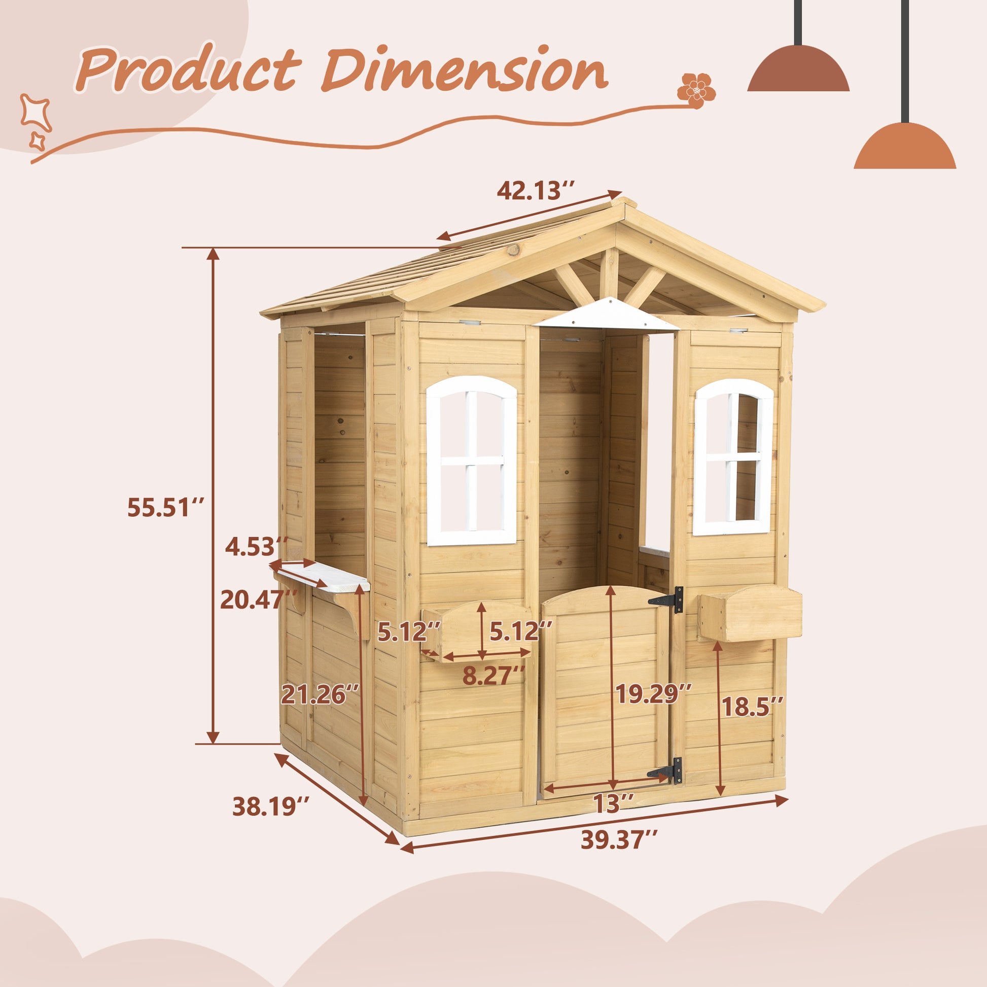 Wooden Playhouse For Kids Outdoor With Working Door, Windows, Mailbox, Flowers Pot Holder, 39" X 38" X 55.5" Natural Solid Wood