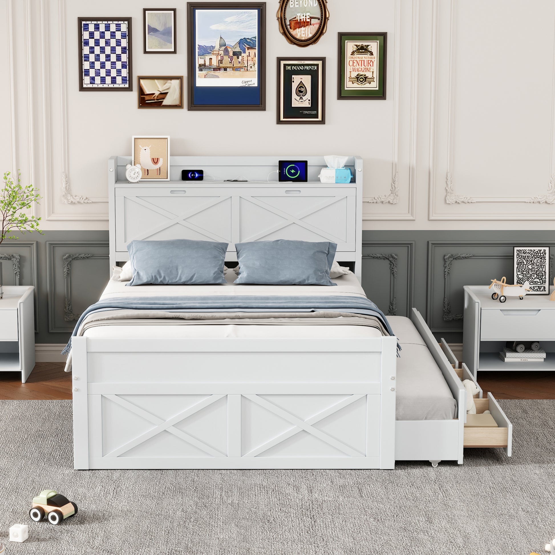 Full Size Wooden Bed With Storage Headboard With Outlets, Extendable Bed With Twin Size Trundle With Three Storage Drawers,White Expected Arrival Time:8.23 Full White Wood