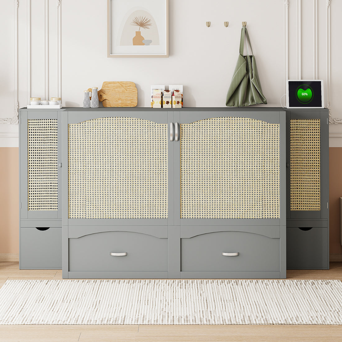 Queen Size Murphy Bed Wall Bed With Drawer And Rattan Decoration With 2 Storage Cabinets, One Set Of Sockets & Usb Ports, Pulley Structure Design, Gray Queen Gray Plywood