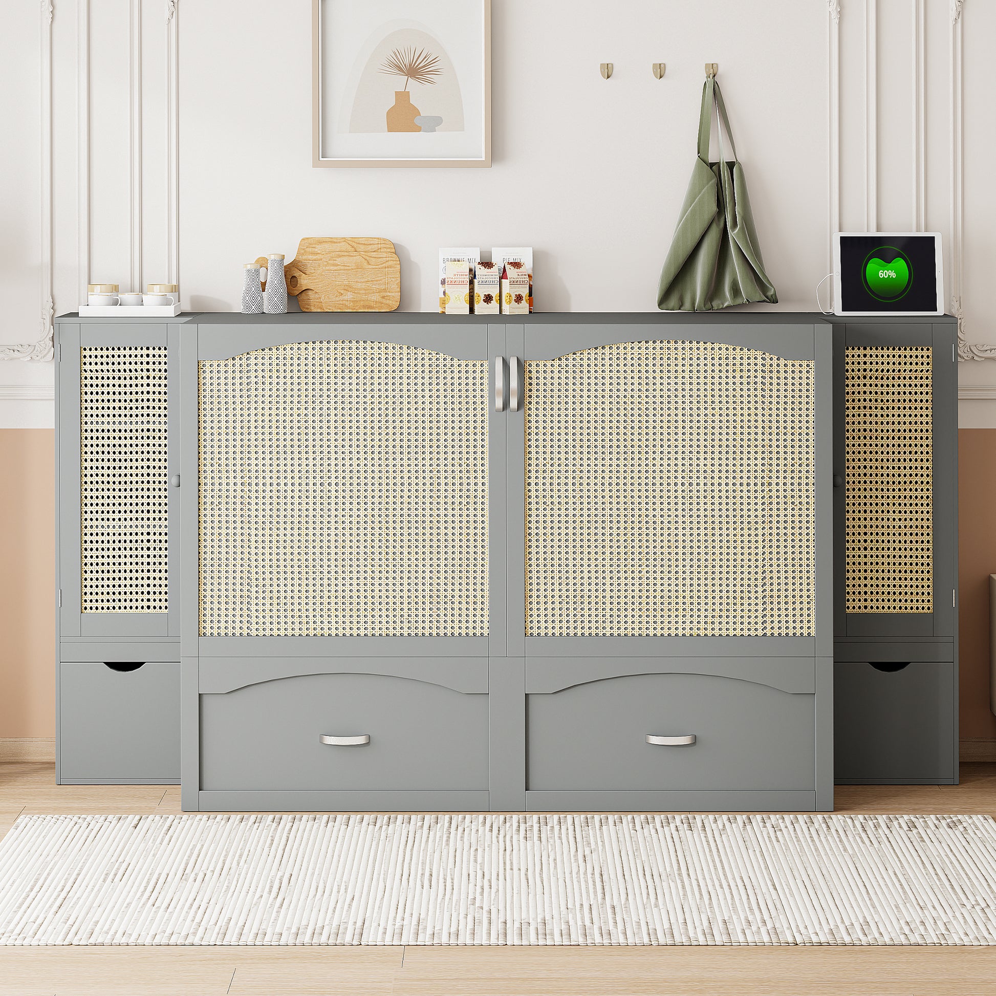 Queen Size Murphy Bed Wall Bed With Drawer And Rattan Decoration With 2 Storage Cabinets, One Set Of Sockets & Usb Ports, Pulley Structure Design, Gray Queen Gray Plywood