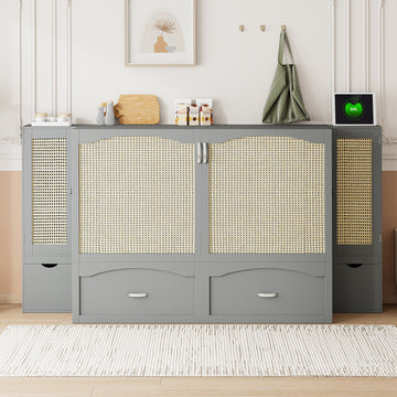 Queen Size Murphy Bed Wall Bed With Drawer And Rattan Decoration With 2 Storage Cabinets, One Set Of Sockets & Usb Ports, Pulley Structure Design, Gray Queen Gray Plywood
