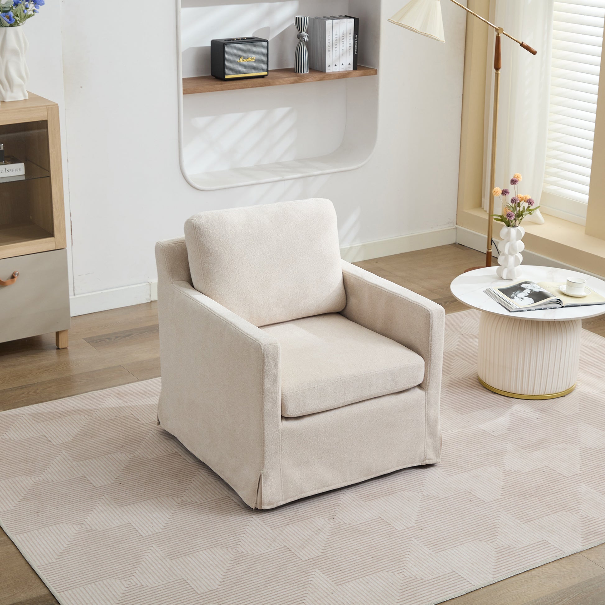 29.92'' Swivel Accent Chair, Upholstered Skirted Swivel Chair With Removable Back Cushion, 360 Degree Comfy Armchair For Living Room, Nursery, Lounge,Office,Beige Chenille Beige Chenille