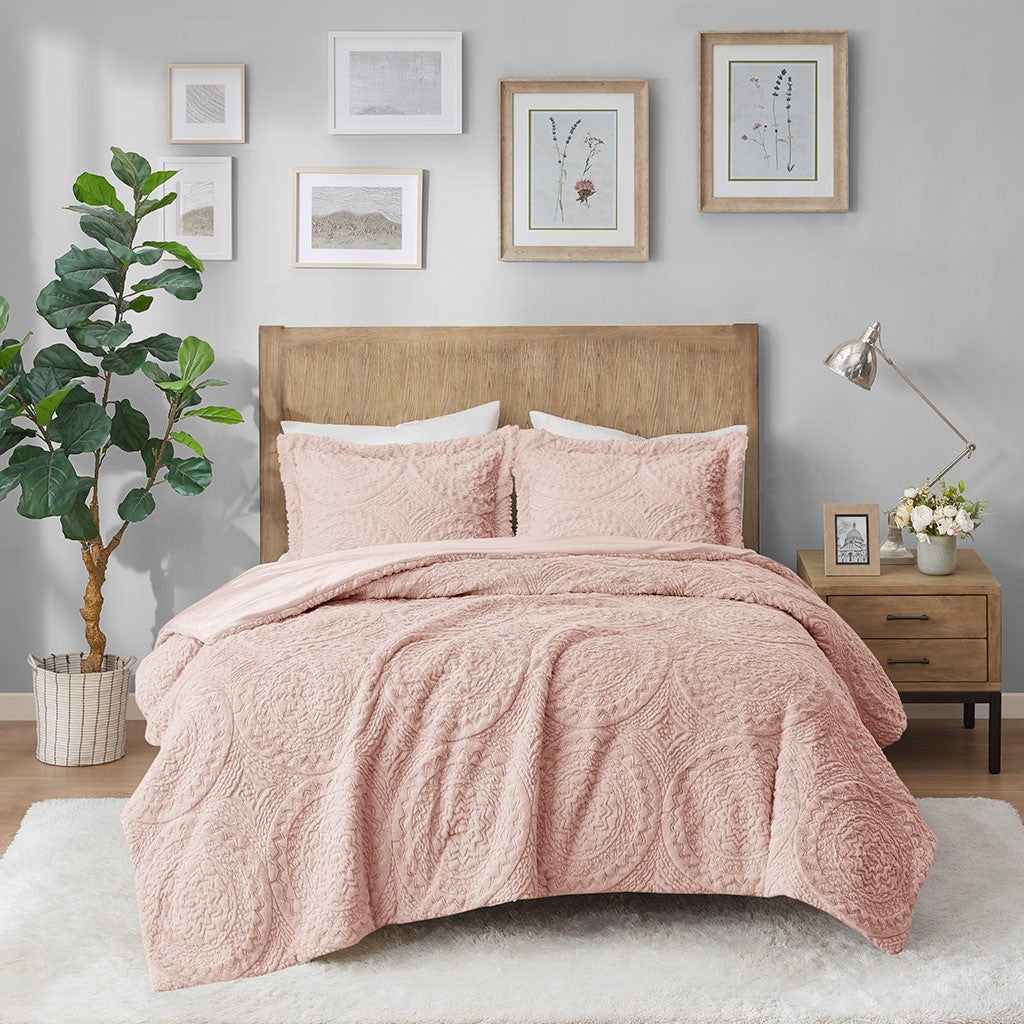 Embroidered Medallion Faux Fur Ultra Plush Comforter Mini Set King Blush Polyester