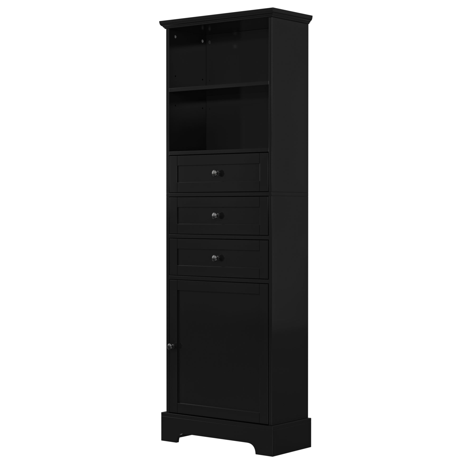 Black Tall Storage Cabinet With 3 Drawers And Adjustable Shelves For Bathroom, Study, Office And Interior, Mdf Board With Painted Finish Black Mdf