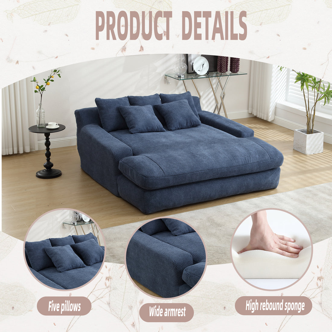 Coolmore Chenille 2 Seater Lazy Sofa With 5 Back Pillows,Comfy Sofa Deep Seat Couch For Living Room,Club Navy Navy Foam Chenille 2 Seat