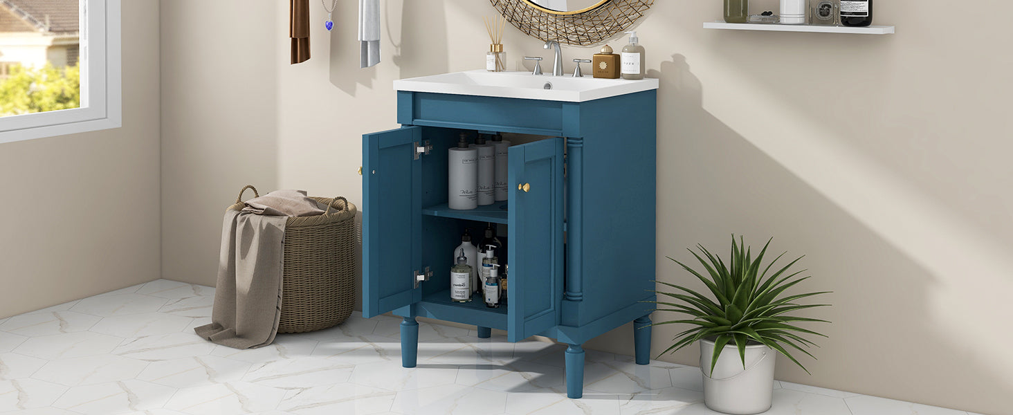 24'' Bathroom Vanity With Top Sink, 2 Tier Modern Bathroom Storage Cabinet, Single Sink Bathroom Vanity, Large Storage Shelves Blue 2 1 Adjustable Hinges Freestanding Modern Solid Wood Mdf Resin Painted