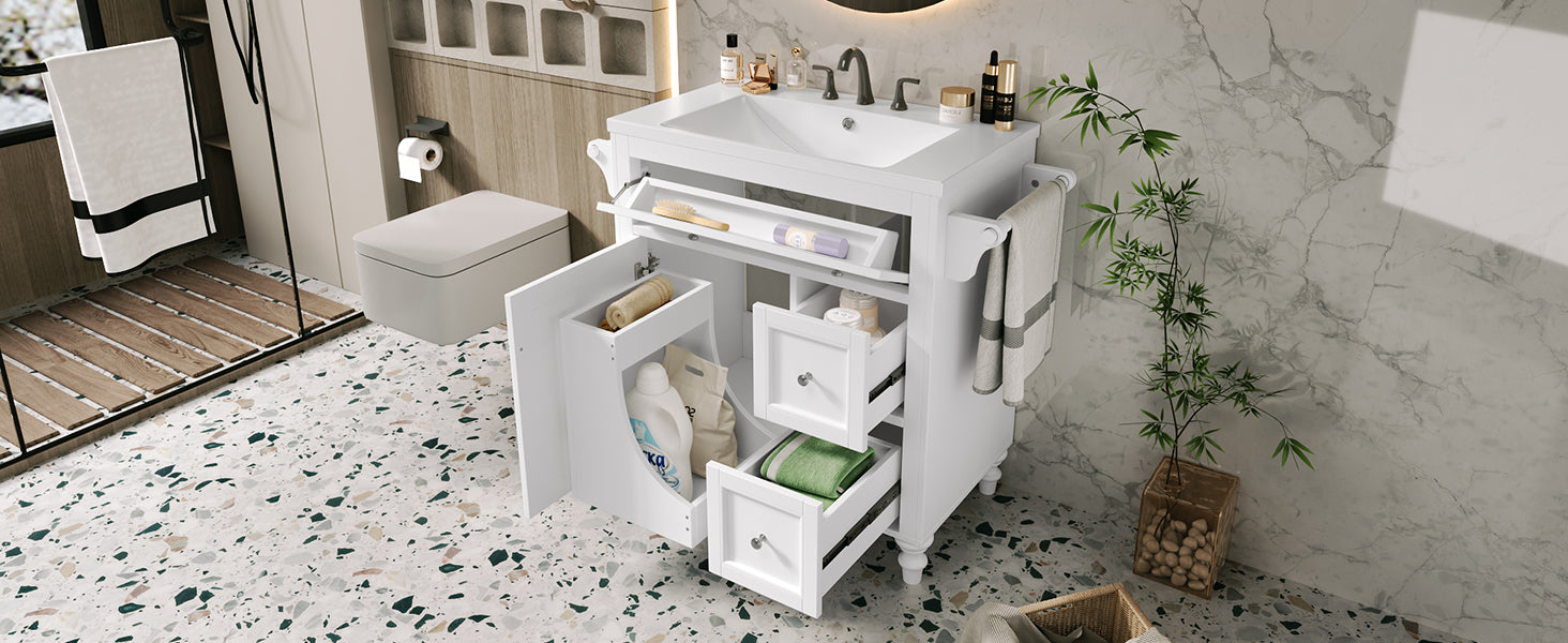 30'' Bathroom Vanity With Top Sink, Modern Bathroom Storage Cabinet With 2 Drawers And A Tip Out Drawer, Single Sink Bathroom Vanity Same As N710S130001K White Bathroom Modern Solid Wood Mdf Resin