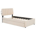 Teddy Fleece Twin Size Upholstered Platform Bed With Trundle, Beige Twin Beige Fleece