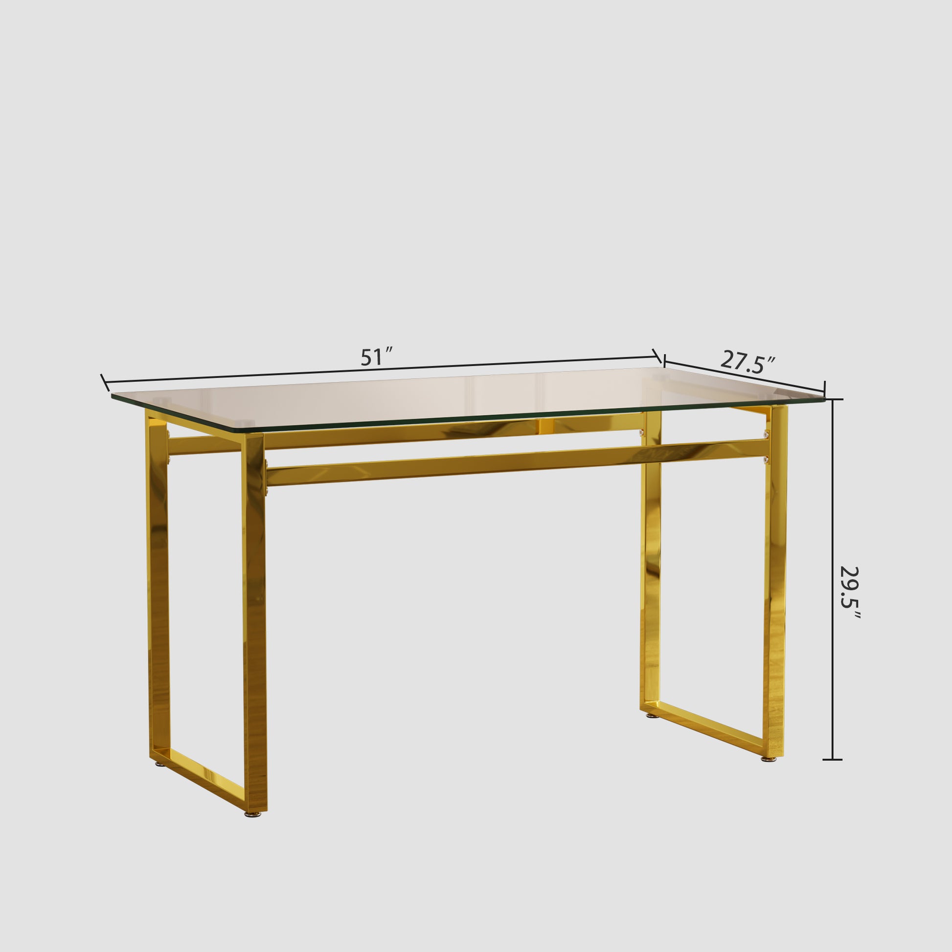 Modern Minimalist Rectangular Glass Dining Table For 4 6 With 0.31" Tempered Glass Tabletop And Golden Chrome Metal Legs, Writing Table Desk, For Kitchen Dining Living Room, 51" W X 27"D X 30" H Transparent Glass Glass