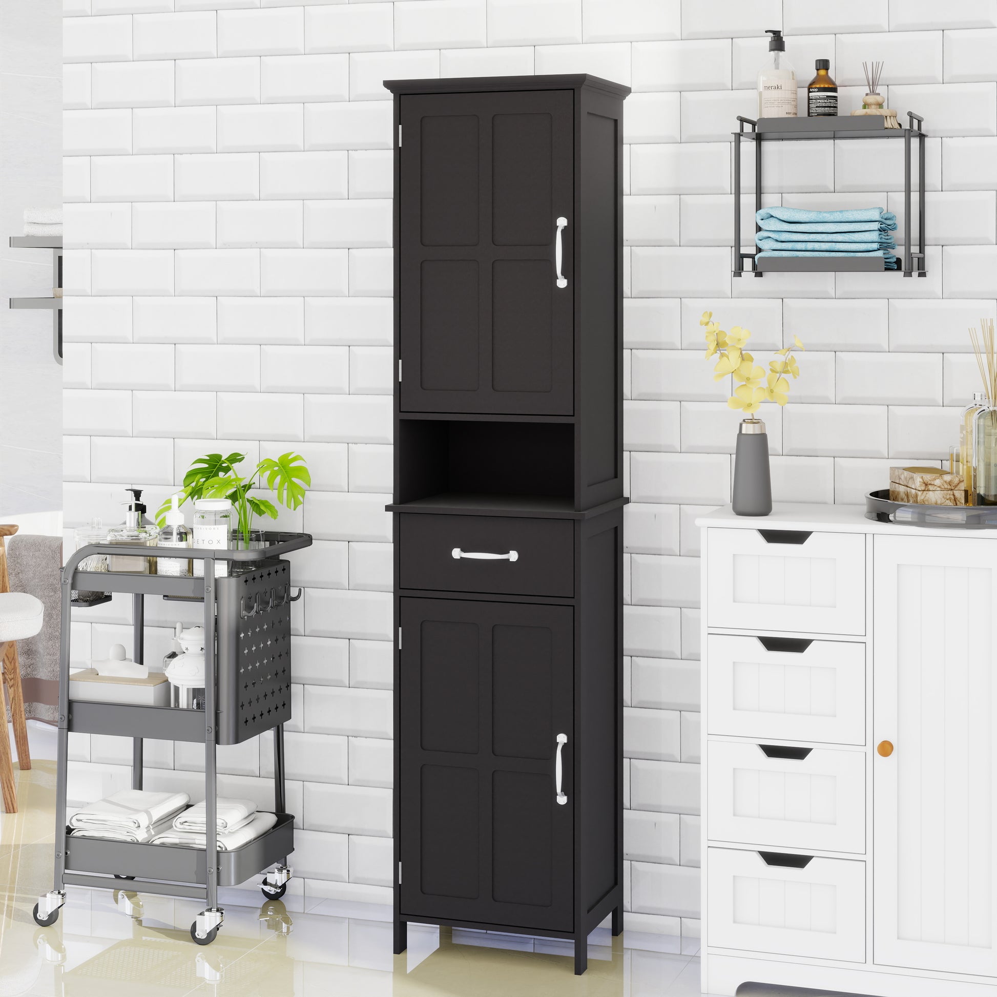 Double Door Narrow Height Slim Floor Standing Cabinet With 2 Adjustable Shelves Black Black Mdf