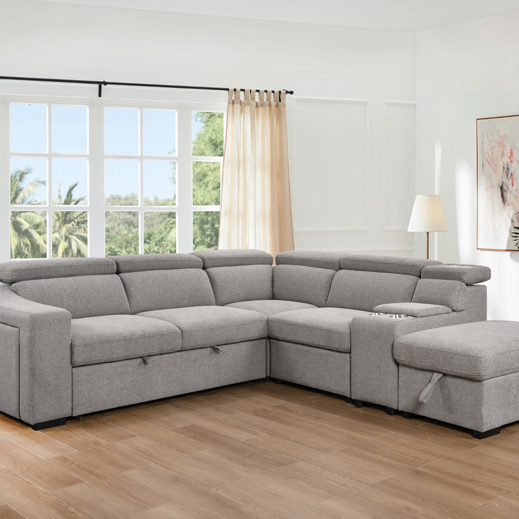 105"L Shape Sectional Sofa With Pull Out Bed And Ottoman Storage Space, Right Chaise Longue,Convertible Sleeper Couch, Tea W 2 Cup Holders & Storage & W Led, For Living Room, Apartment, Light Gray