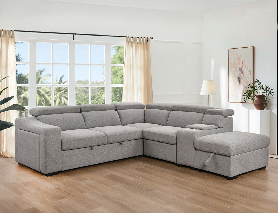 105"L Shape Sectional Sofa With Pull Out Bed And Ottoman Storage Space, Right Chaise Longue,Convertible Sleeper Couch, Tea W 2 Cup Holders & Storage & W Led, For Living Room, Apartment, Light Gray