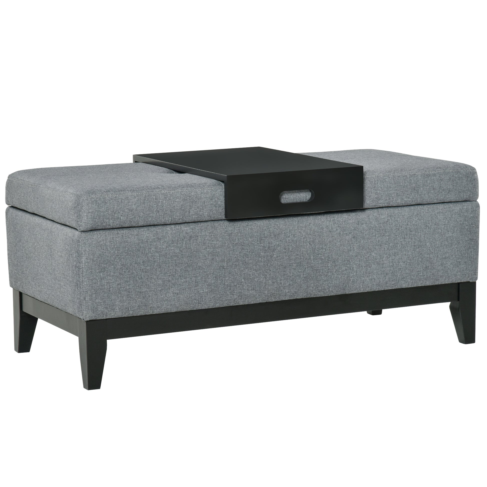 Homcom 42" Rectangular Storage Ottoman Bench, Linen Fabric Coffee Table Ottoman With Removable Tray For Living Room, Entryway, Or Bedroom, Gray Grey Wood