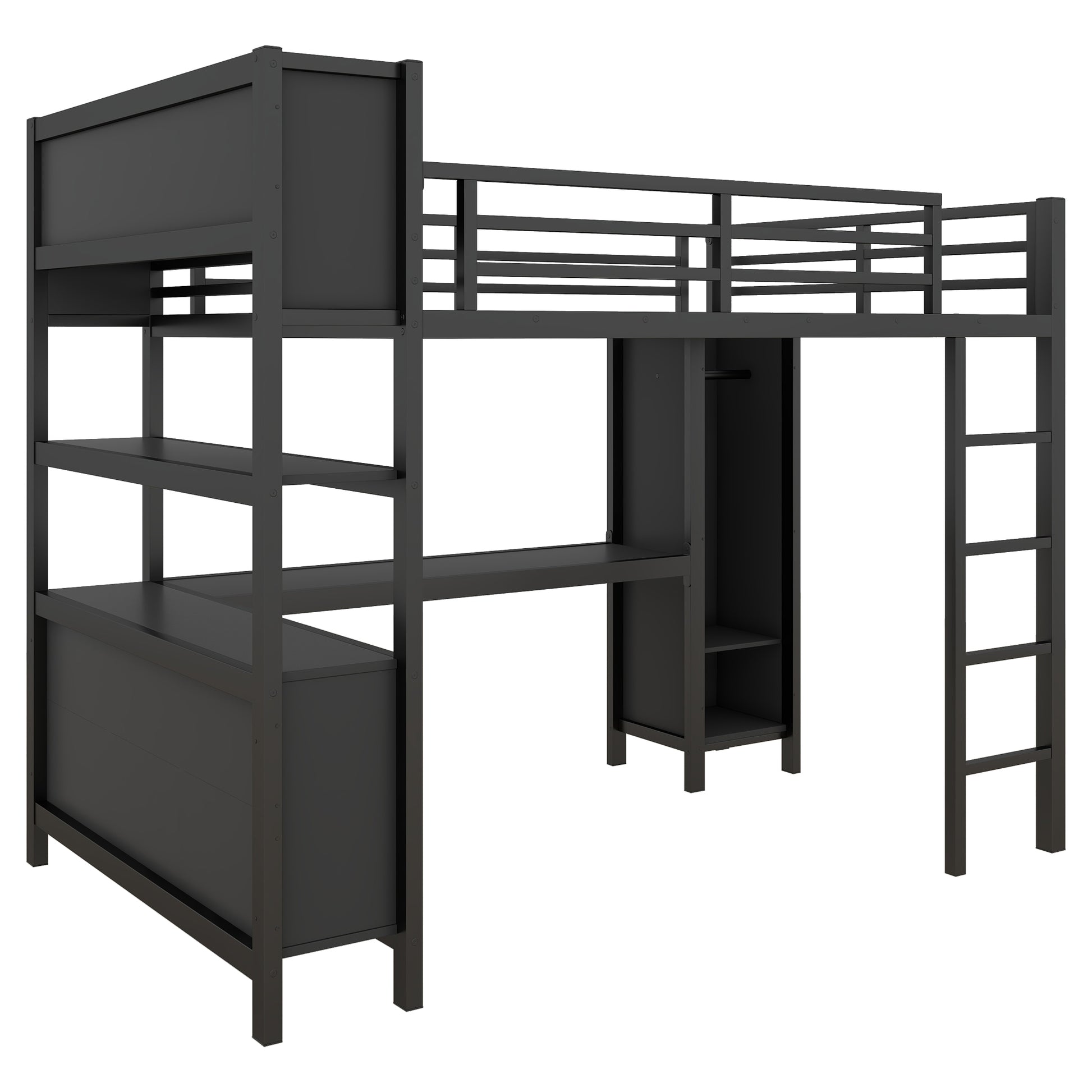 Metal Loft Bed With Wardrobe And L Shaped Desk, Full Size Loft Bed With Storage Cubes And Shelves, Heavy Duty Loft Bed For Kids Teens Adults, Black Full Black Metal