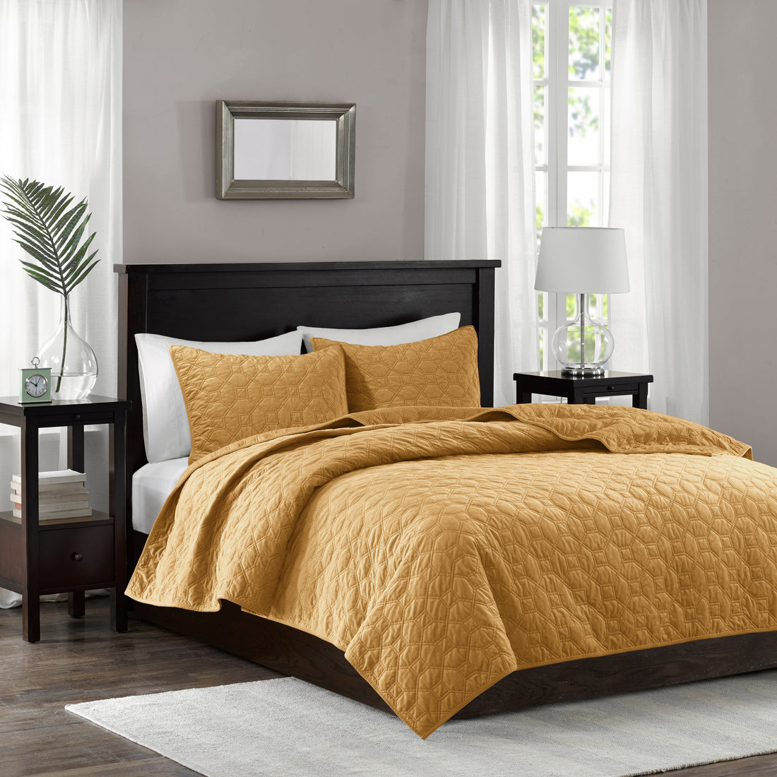 3 Piece Velvet Quilt Set Mustard Full Queen Full Mustard Cotton