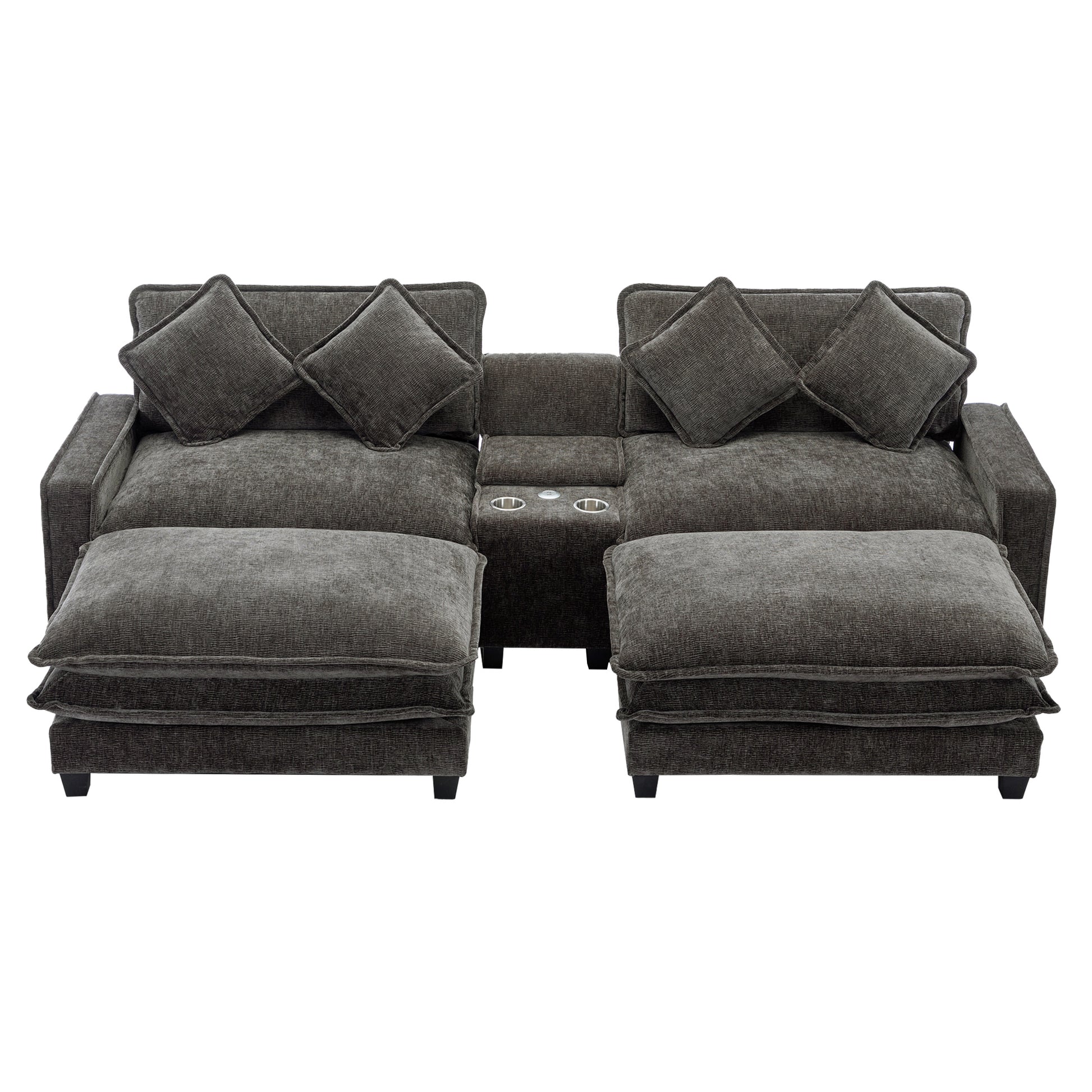 112.6" Sectional Sofa Chenille Upholstered Sofa With Two Removable Ottoman, Two Usb Ports, Two Cup Holders And Large Storage Box For Living Room, Black Black Foam Chenille 2 Seat