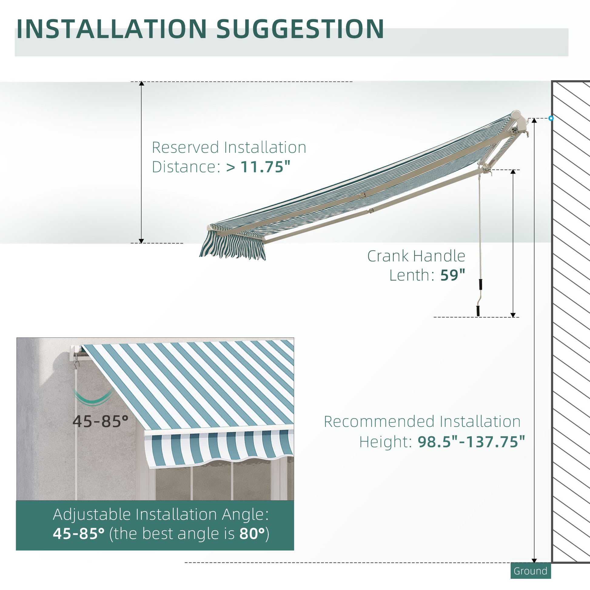 Outsunny 12' X 10' Retractable Awning Patio Awnings Sun Shade Shelter With Manual Crank Handle, 280G M Uv & Water Resistant Fabric And Aluminum Frame For Deck, Balcony, Yard, Green And White Green Aluminum