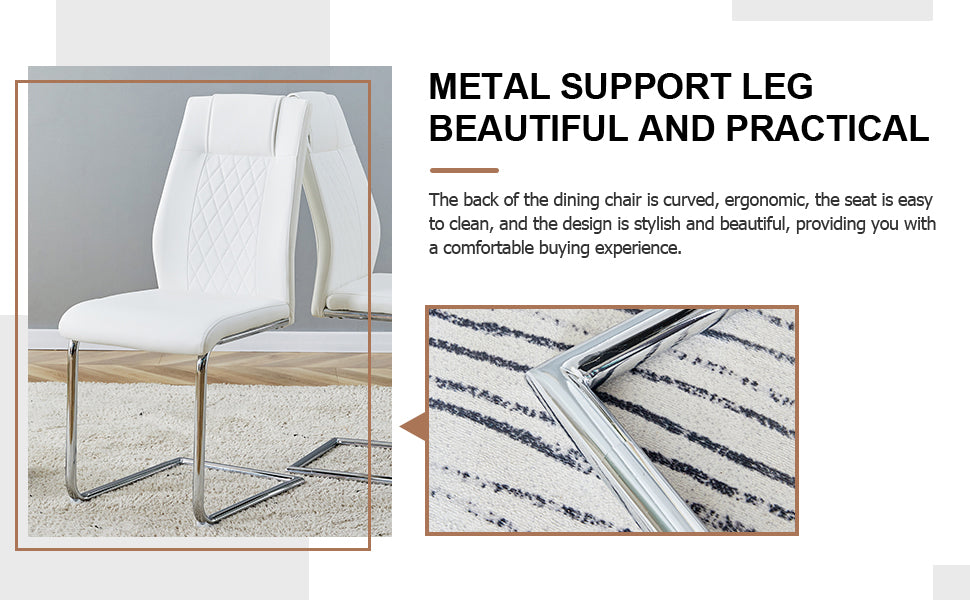 Table And Chair Set.Modern Dining Table,Tempered Glass Tabletop And Silver Colored Leg.Paired With 6 Soft And Comfortable High Quality White Pu Dining Chairs With Silver Legs. Silver,White Seats 6