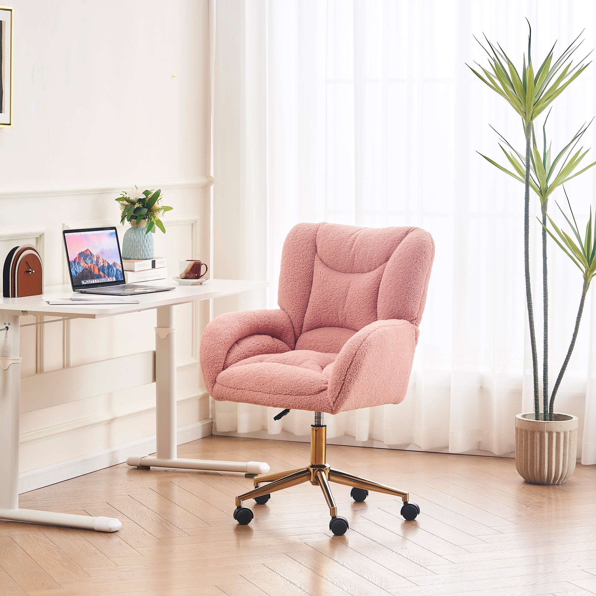 005 Teddy Fabric 360 Swivel Home Office Chair With Gold Metal Base And Universal Wheels,Pink Solid Pink Office Sponge Wipe Clean Modern Office Chairs Tufted Back Foam Swivel Teddy