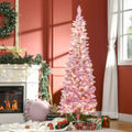 Homcom 6Ft Prelit Snow Flocked Artificial Christmas Tree With Pencil Shape, Pine Realistic Branches, Warm White Led Lights, Auto Open, Pink And White Pink Plastic