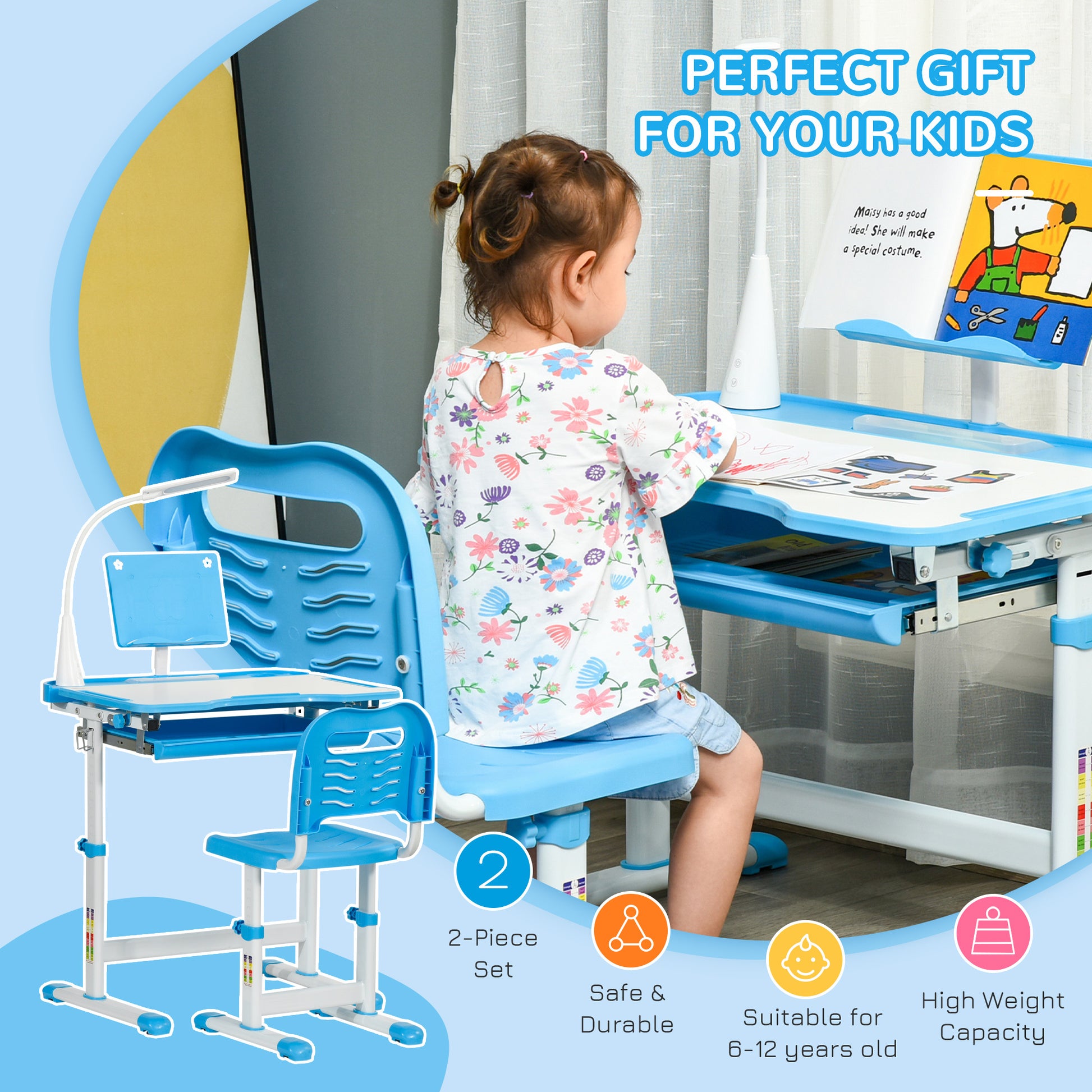 Qaba Kids Table And Chair Set, Activity Desk With Usb Light, Storage Drawer For Study, Activities, Arts, Or Crafts, Blue And White Blue Plastic