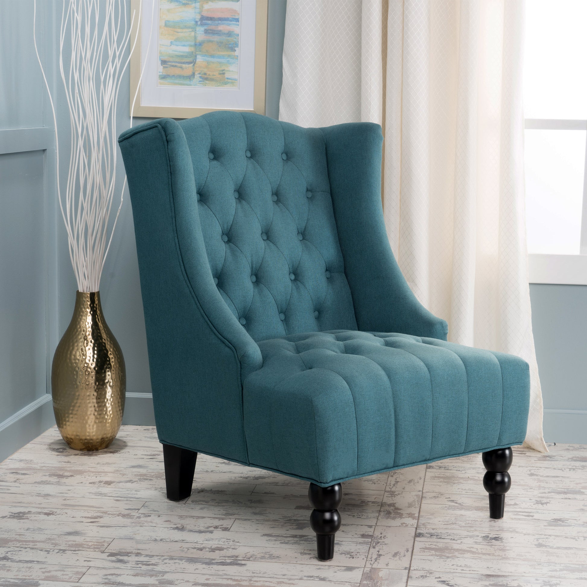 Upholstered Wingback Chair Teal Fabric