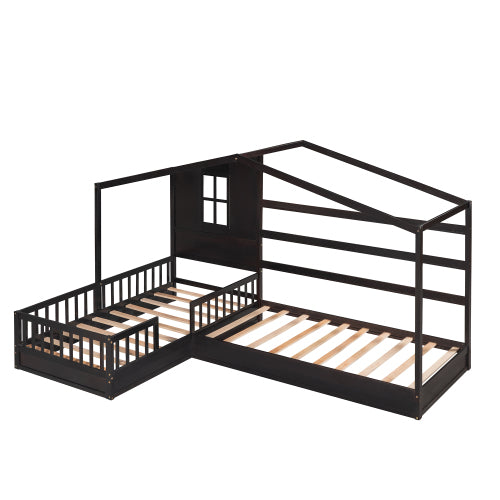 Wood House Bed Twin Size, 2 Twin Solid Bed L Structure With Fence And Slatted Frame, Espresso Twin Espresso Plywood