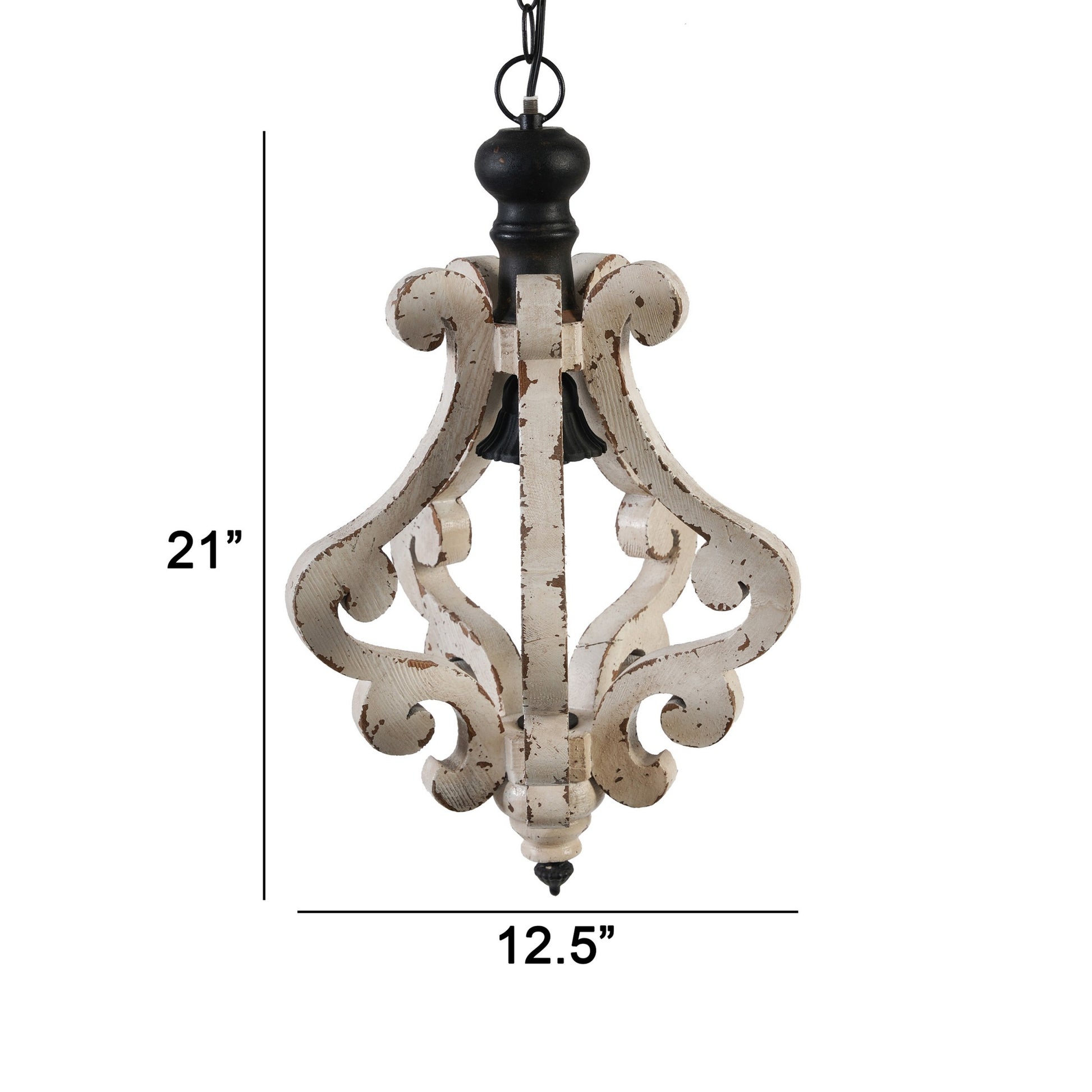 13 Inch 1 Light Chandelier, Classic Fir Wood Scrollwork, Iron, White, Black White Black Metal & Wood