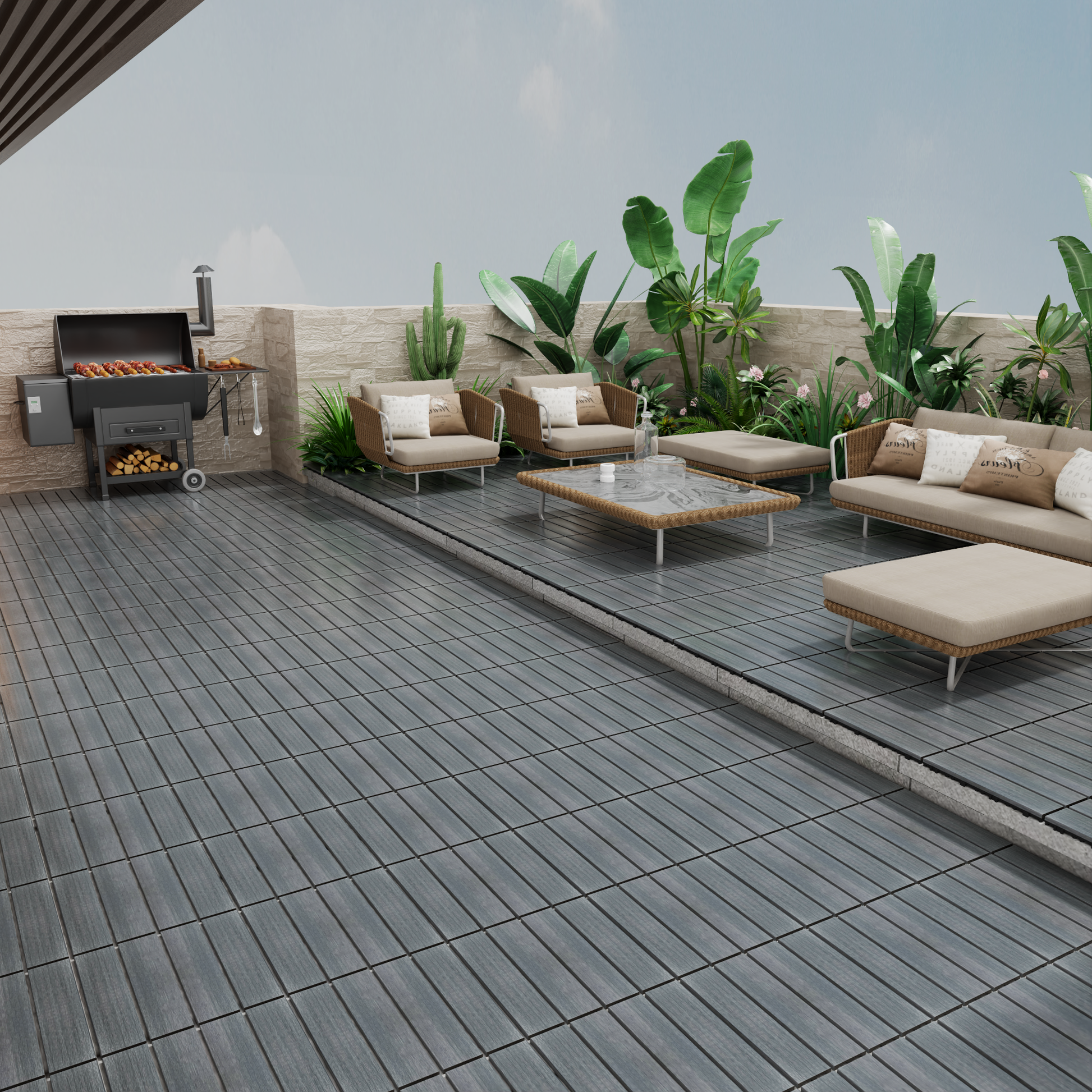 Patio Floor Tiles Pack Of 11 Wpc Wood Plastic Composite Patio Deck Tiles Diy Interlocking Decking Tiles, Quick Deck Floor Tile, Court Tile, Water Resistant Indoor Outdoor 11.8" Ash Dark Gray Plastic