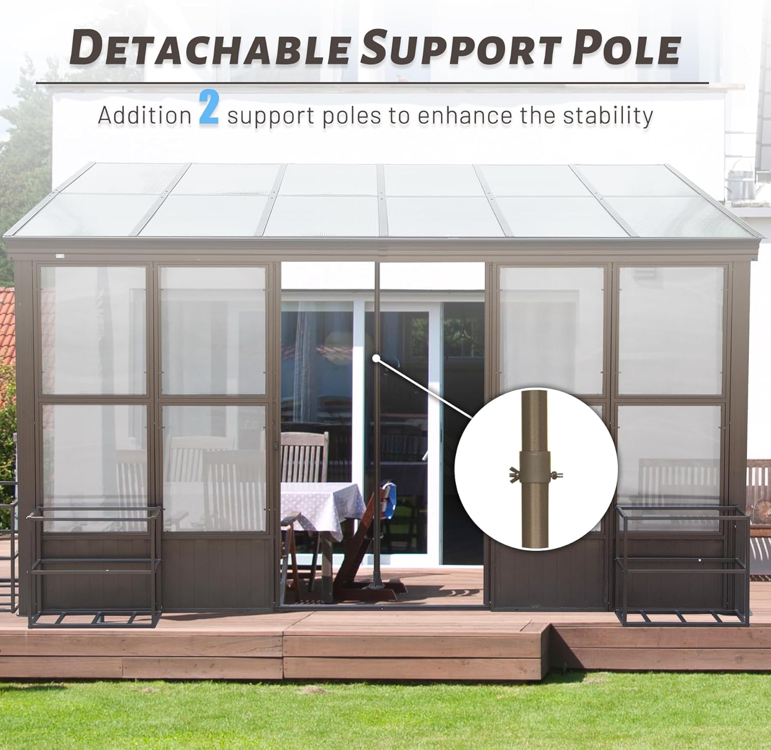 10X12Ft All Season Sunroom, Outdoor Permanent Wall Mounted Solarium With Detachable Polycarbonate Windows, Aluminum Lean To Gazebo Sun Room With 2 Lockable Sliding Doors For Garden Patio Deck Dark