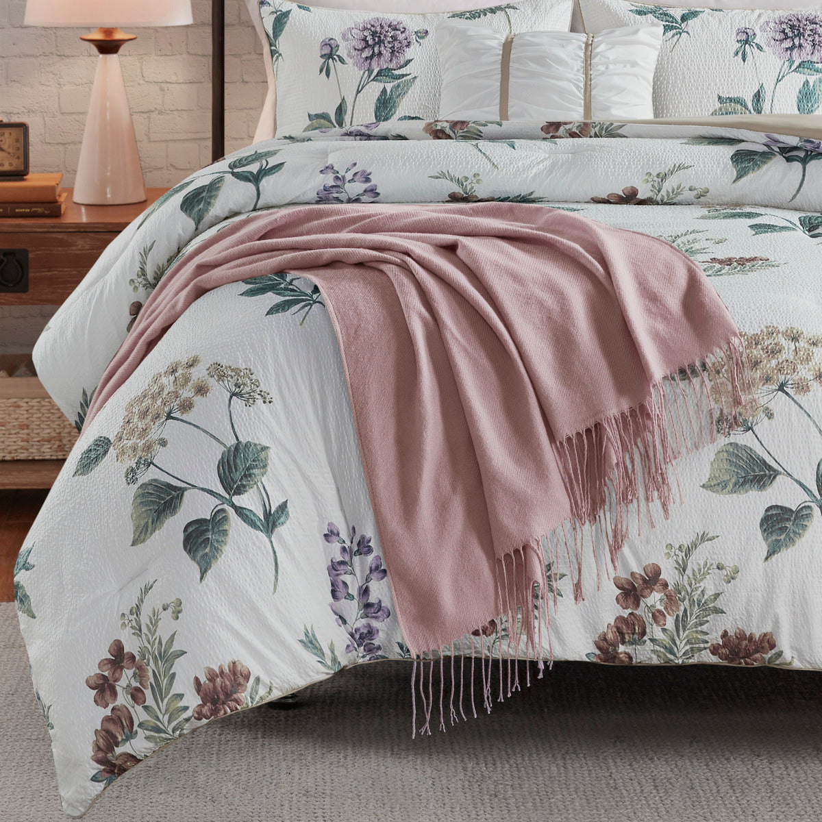 7 Piece Printed Seersucker Comforter Set With Throw Blanket Taupe Blush Full Queen Multicolor Polyester