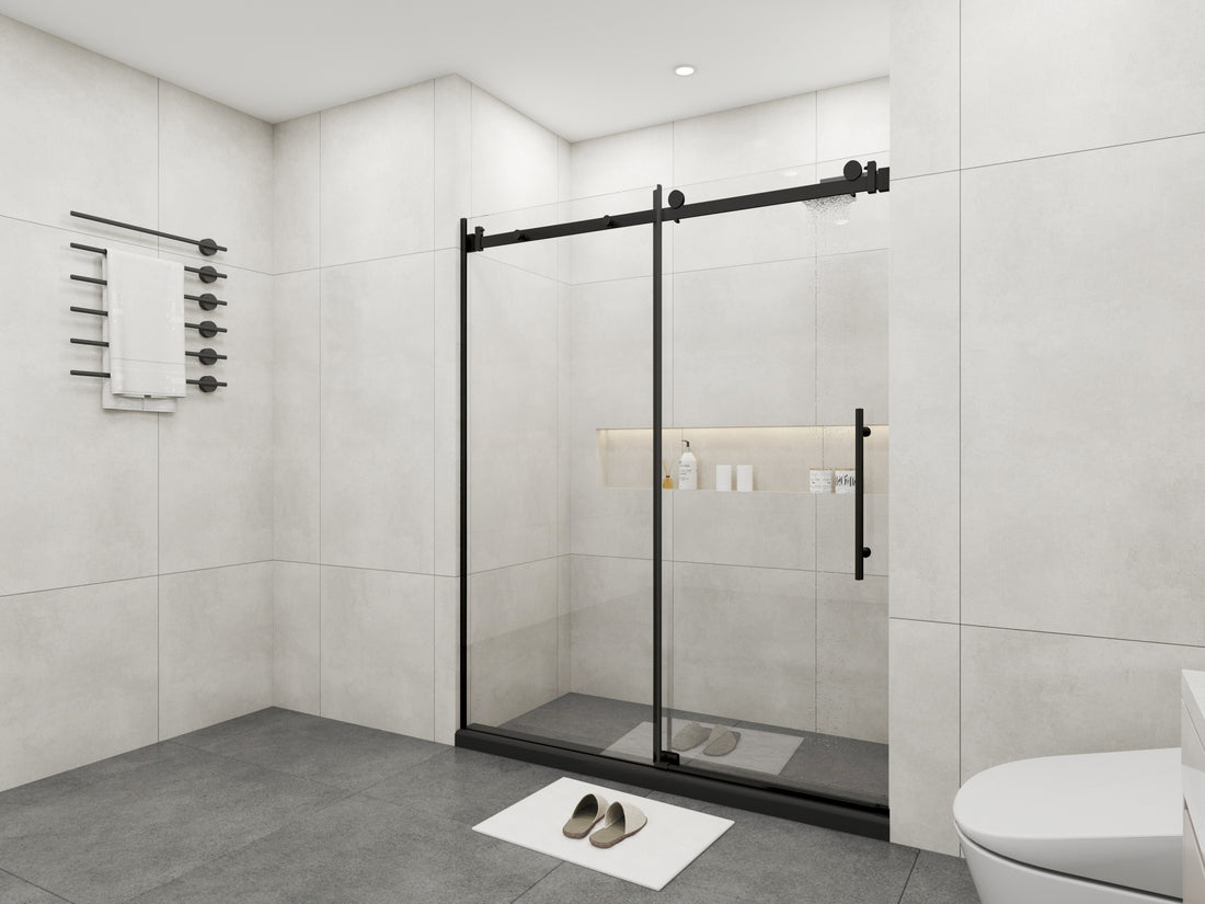 Frameless Sliding Glass Shower Doors 72" Width X 76"Height With 3 8" 10Mm Clear Tempered Glass, Matt Black Finish Matt Black Bathroom American Design Stainless Steel Tempered Glass