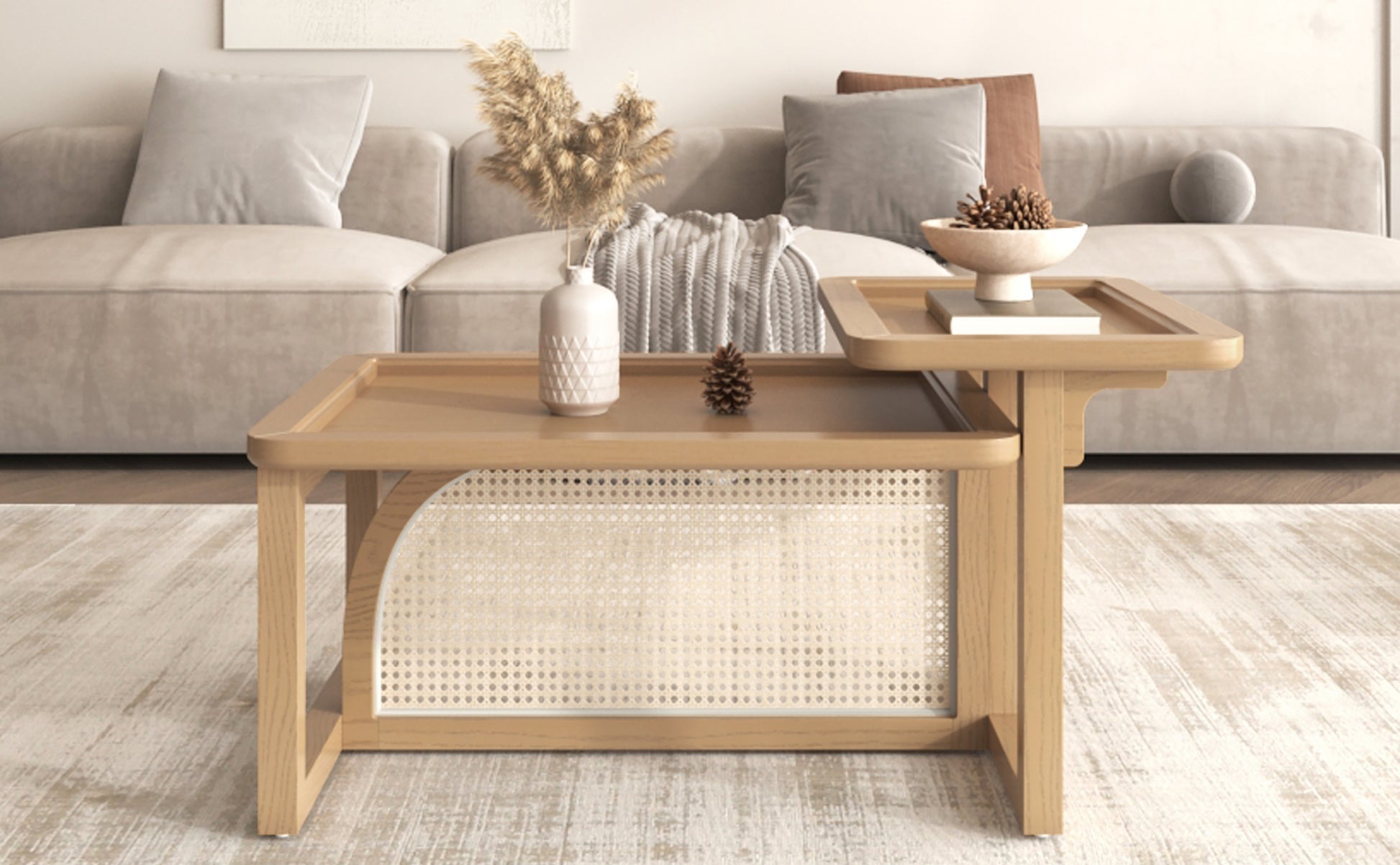 Modern 2 Piece Nesting Rattan Wood Mdf Coffee Table Set In Natural Natural Rubber Wood