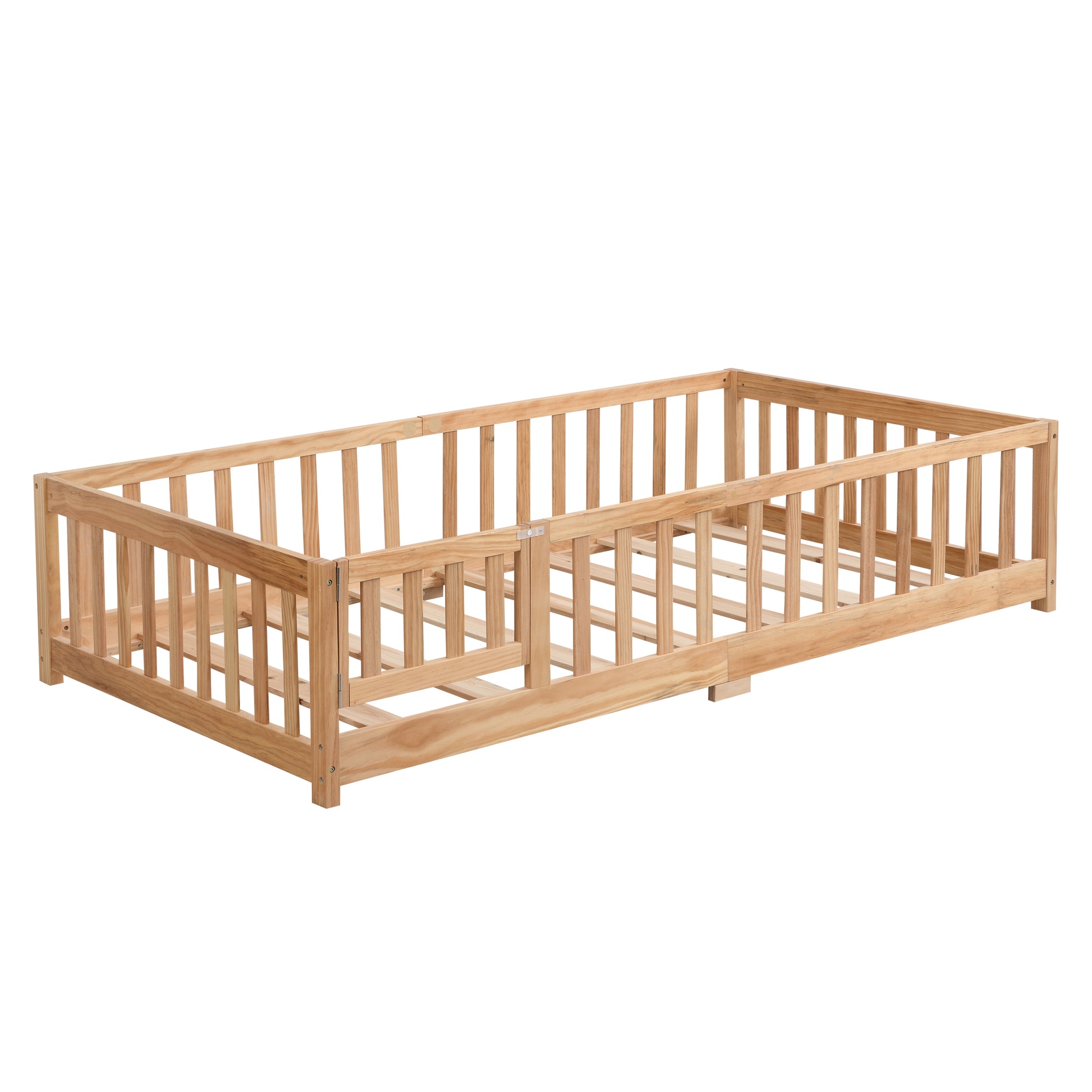 Full Size Floor Bed With Door,Solid Wood Platform Bed Frame With Fence,Suitable For Children,Pine Wood,Natural Full Natural Wood